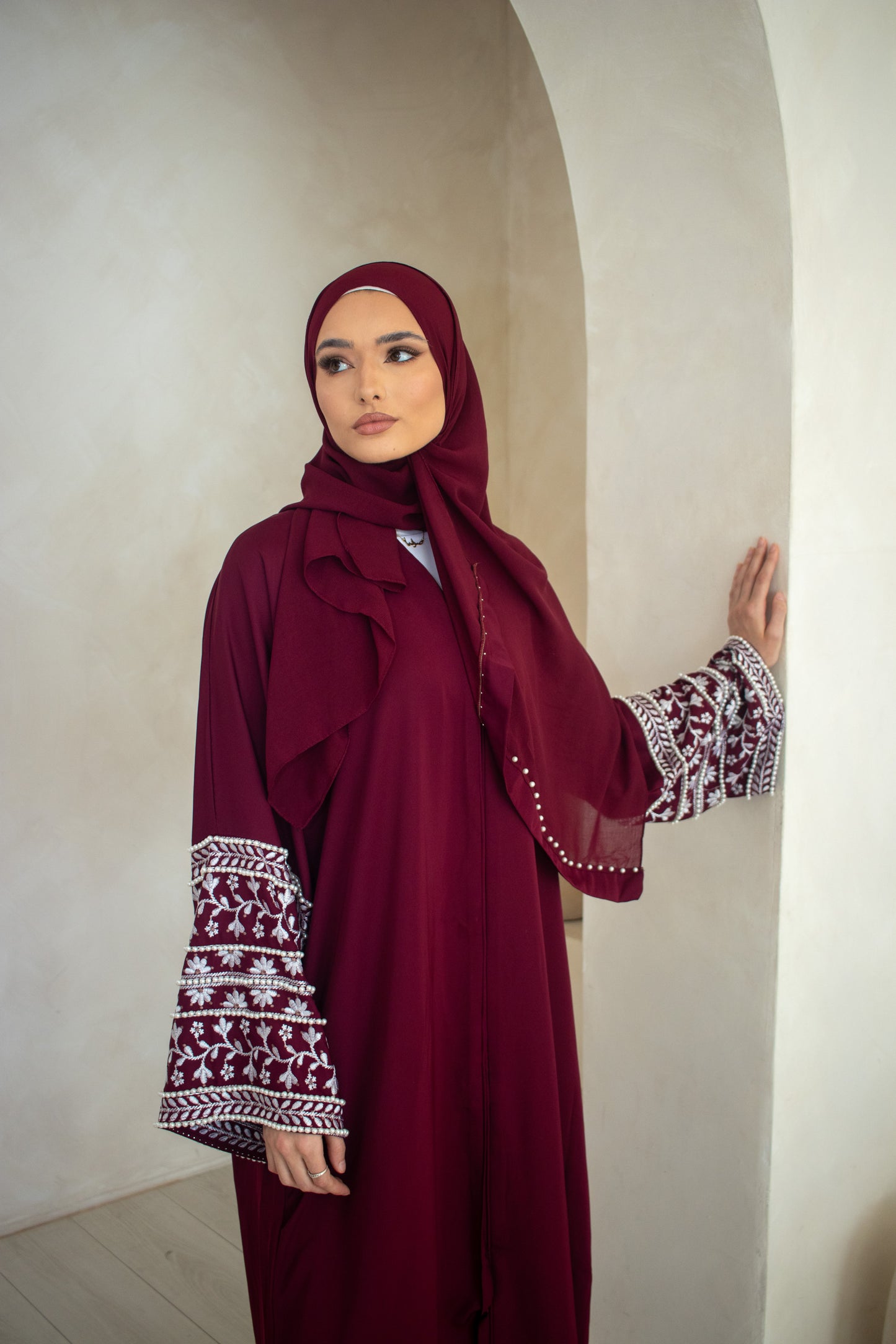 Embellishment Embroidery Abaya Cream/Brown/Plum/Teal/Maroon