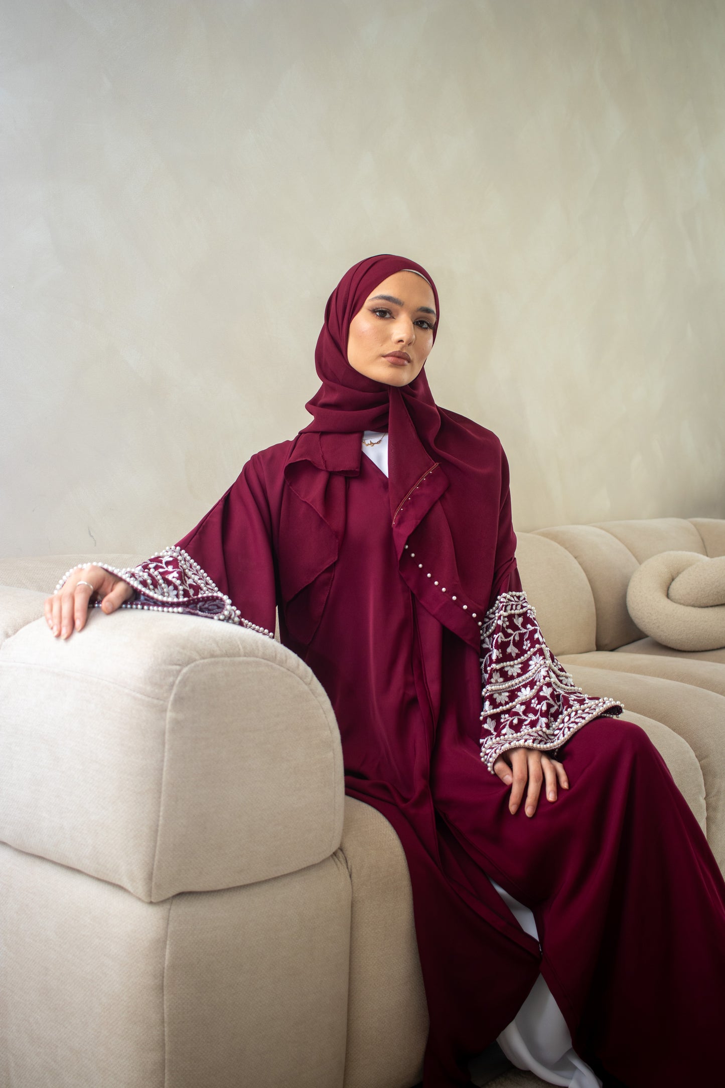 Embellishment Embroidery Abaya Cream/Brown/Plum/Teal/Maroon