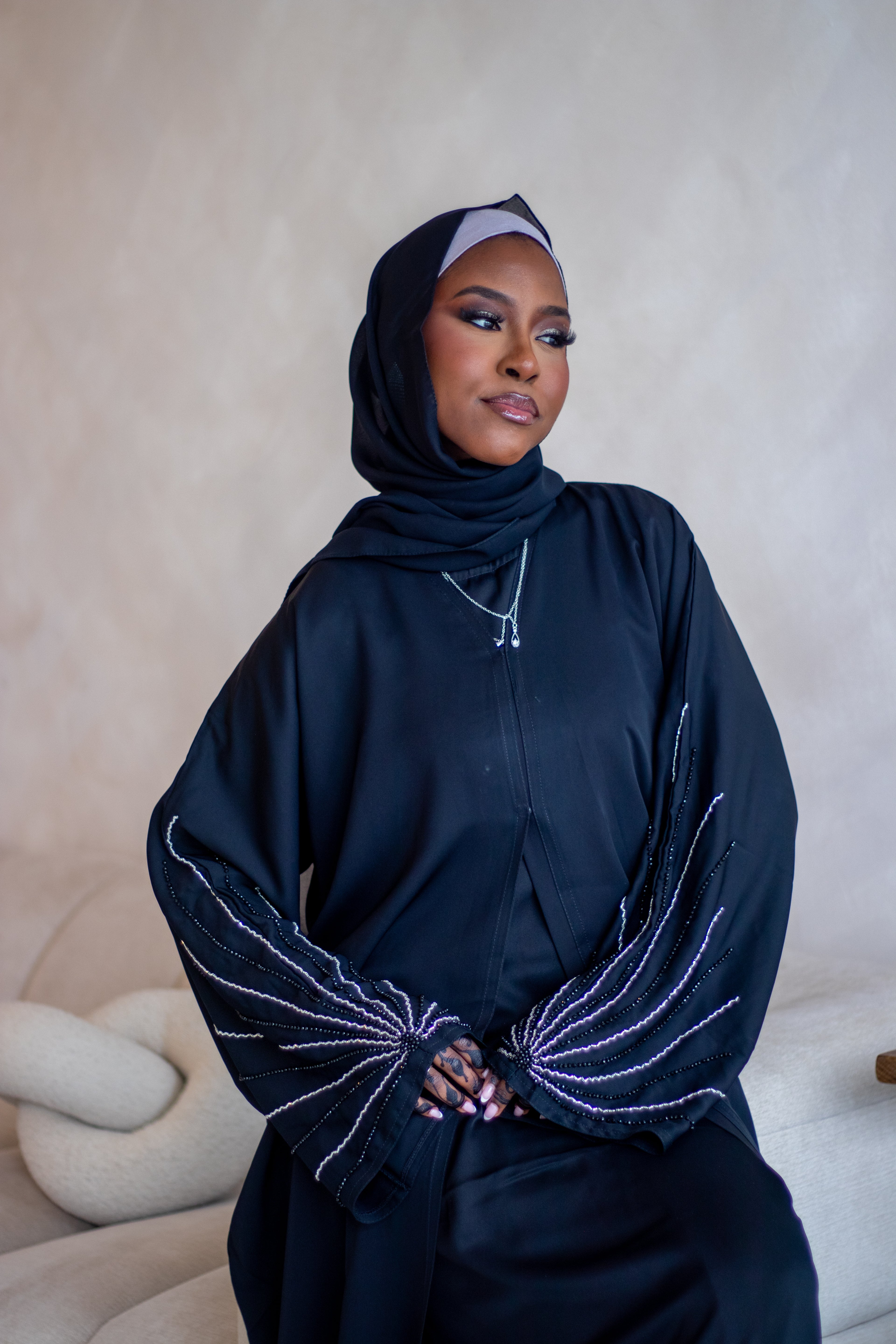 (A) Embellishment Lines Abaya Nida Black with Hijab