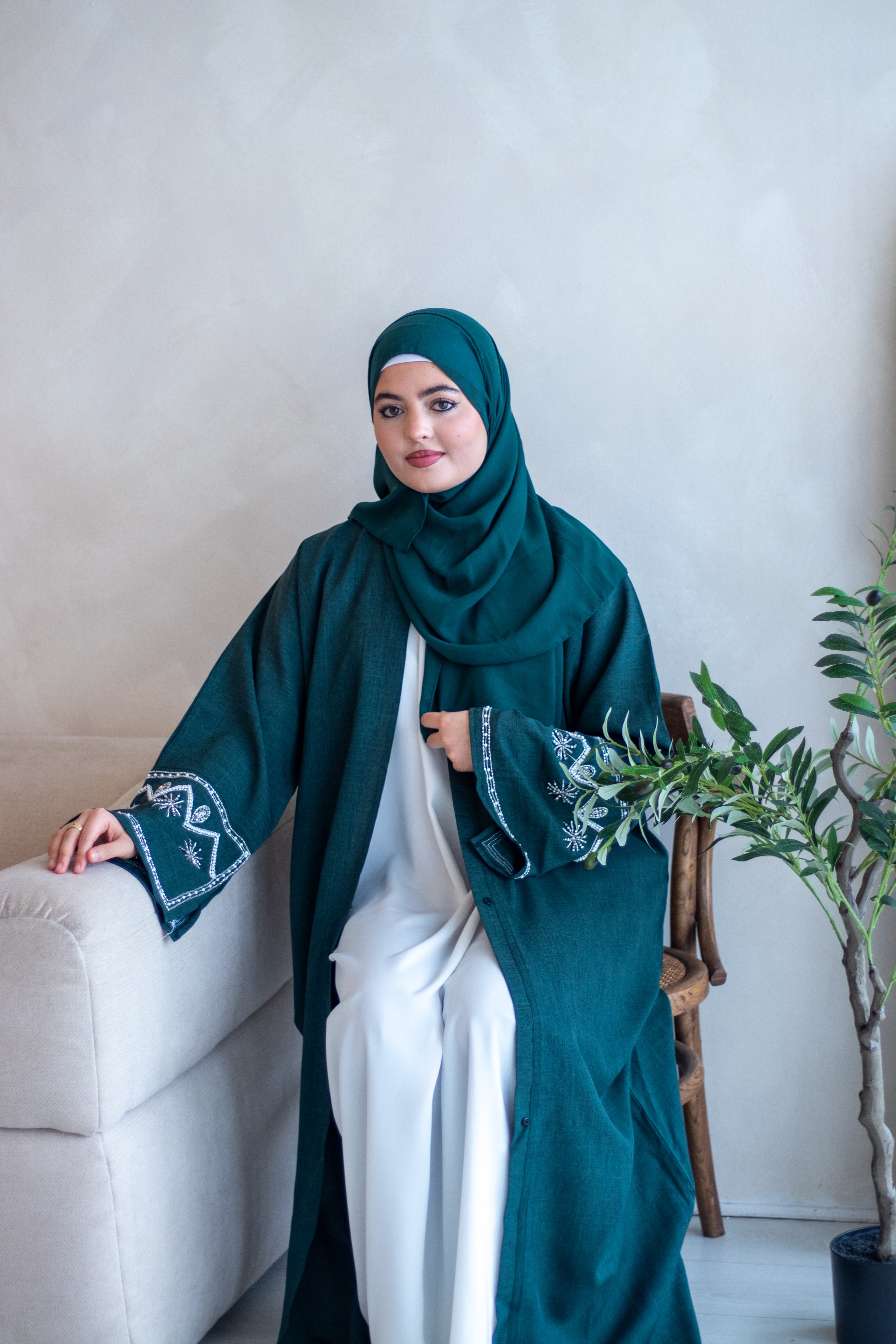 2 Piece Linen Design Abaya with Embellishments on Sleeves Navy/Green + Hijab