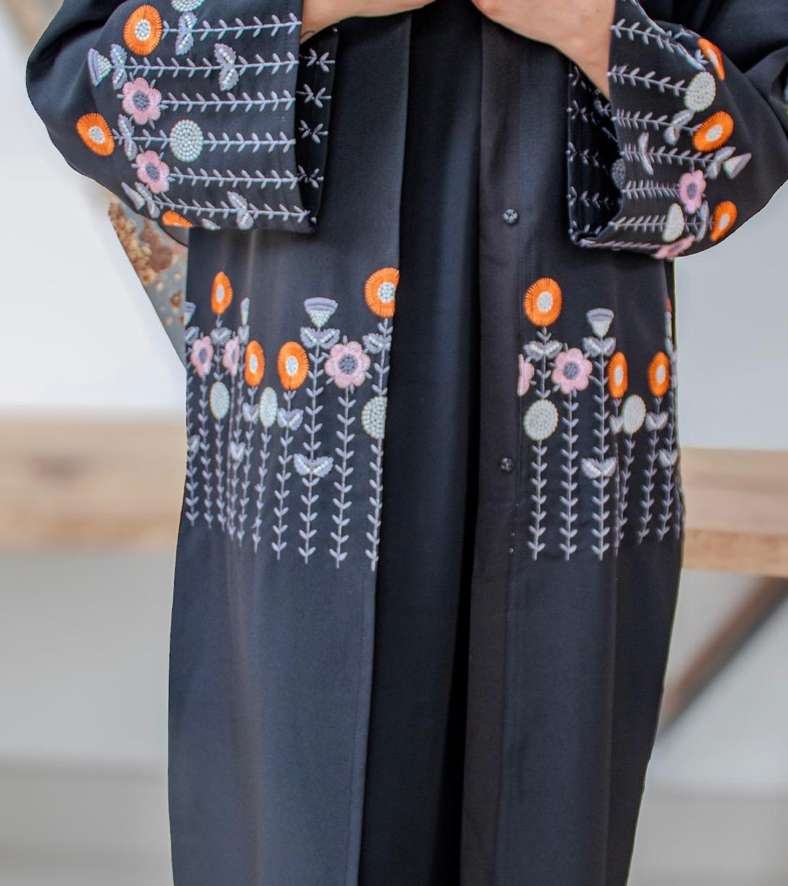 Black Flower Embroidery Open Abaya