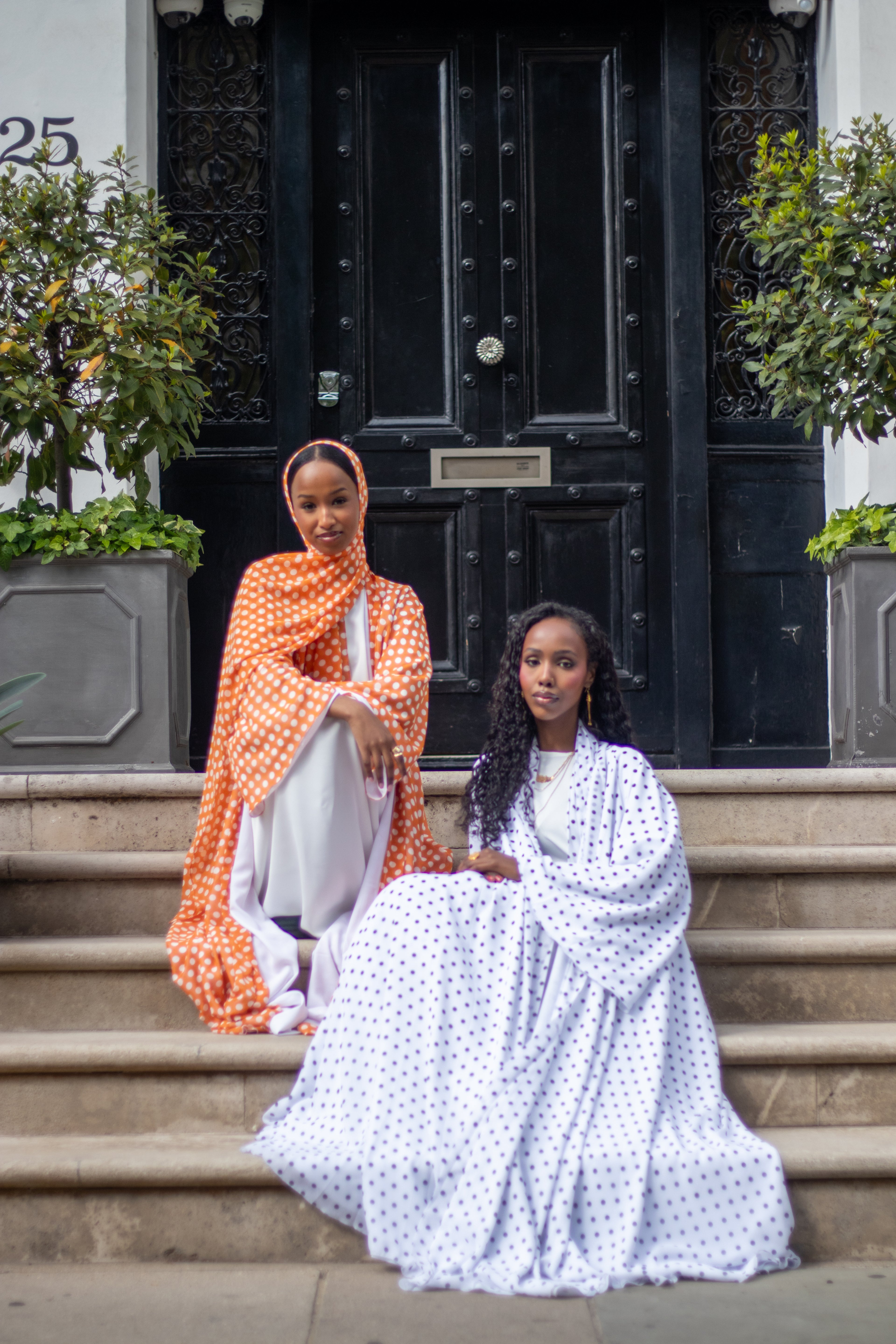 Polka Dot Abaya White/Orange with Jersey Hijab + Patterned Hijab