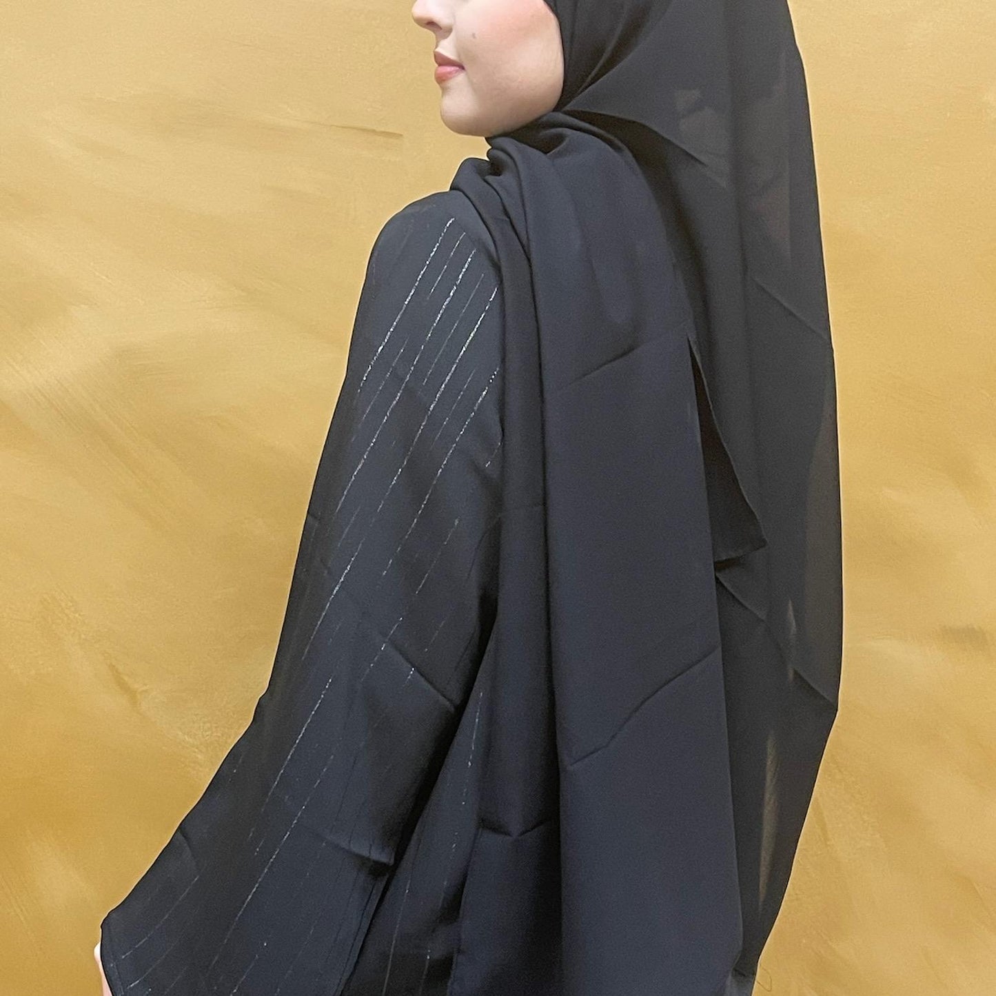 Silver Glitter Thread Striped Black Abaya with Buttons and Hijab