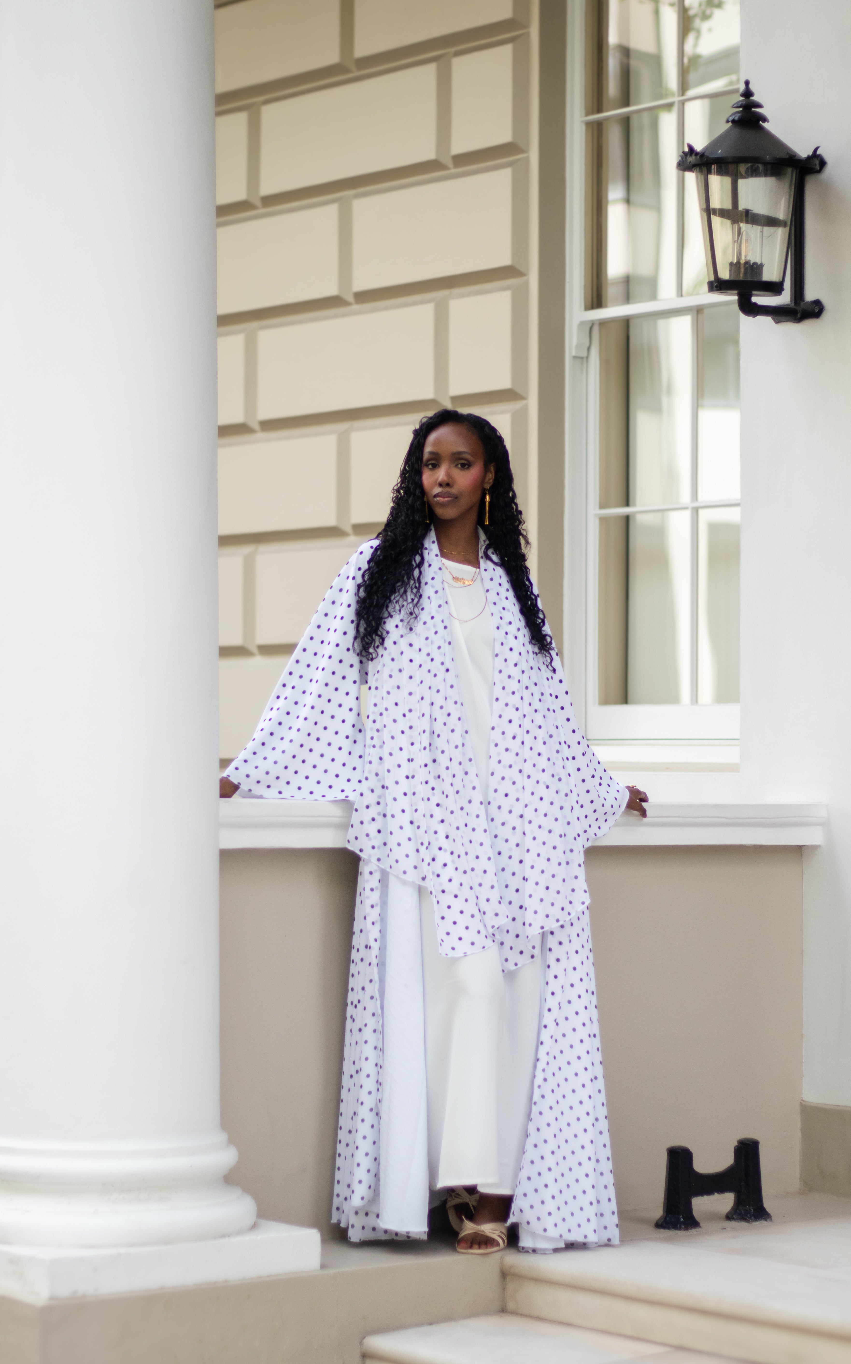 Polka Dot Abaya White/Orange with Jersey Hijab + Patterned Hijab