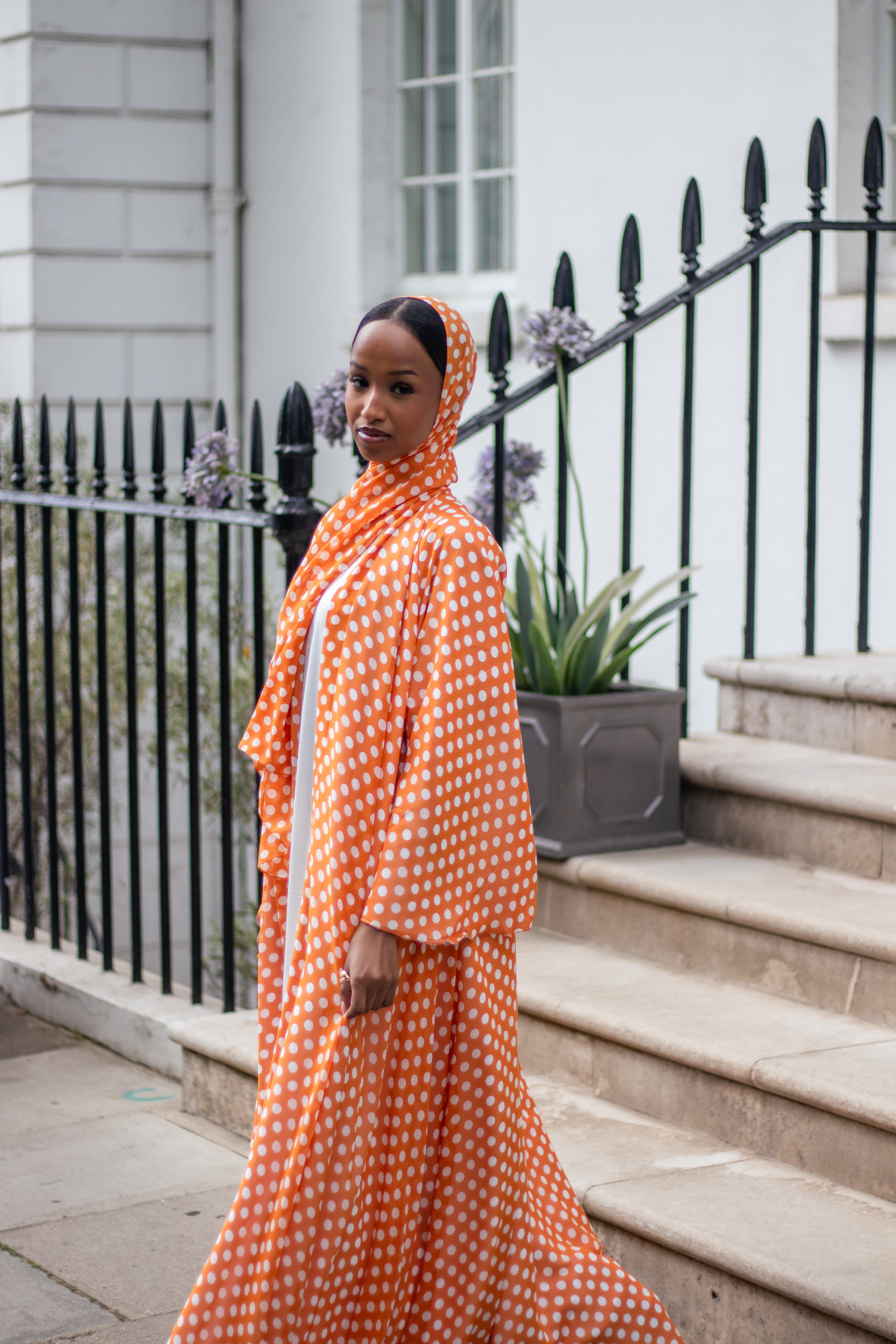 Polka Dot Abaya White/Orange with Jersey Hijab + Patterned Hijab