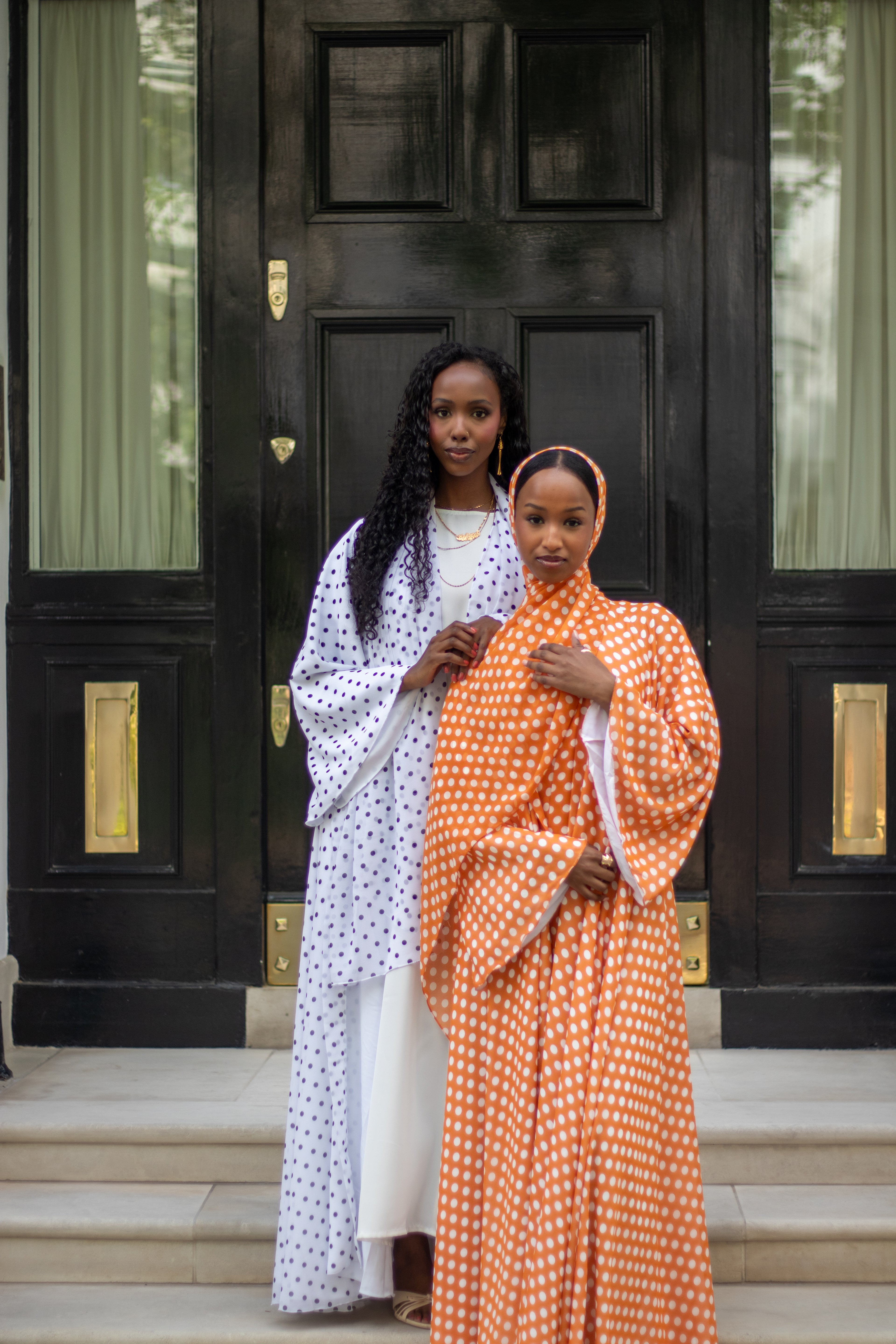 Polka Dot Abaya White/Orange with Jersey Hijab + Patterned Hijab