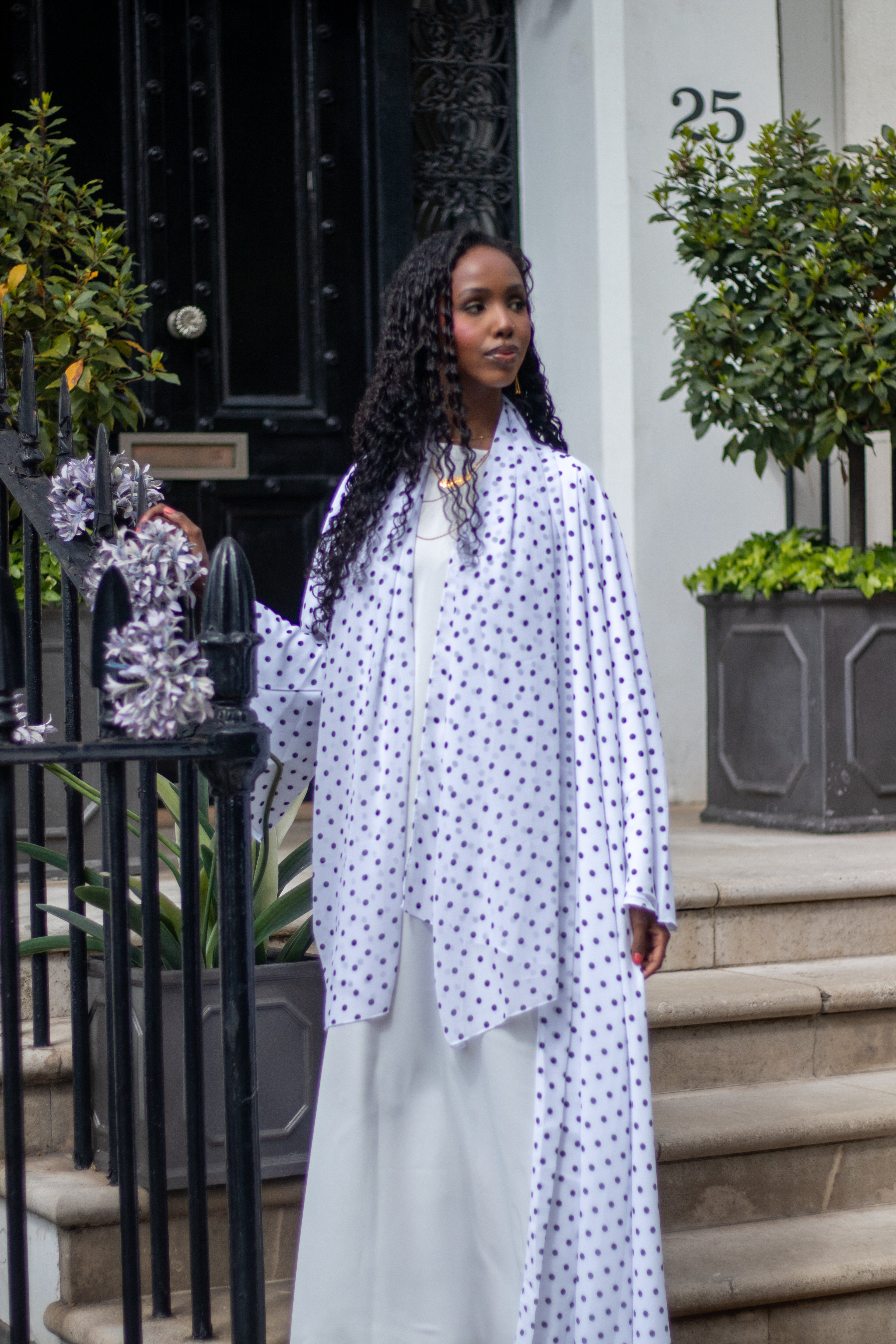 Polka Dot Abaya White/Orange with Jersey Hijab + Patterned Hijab