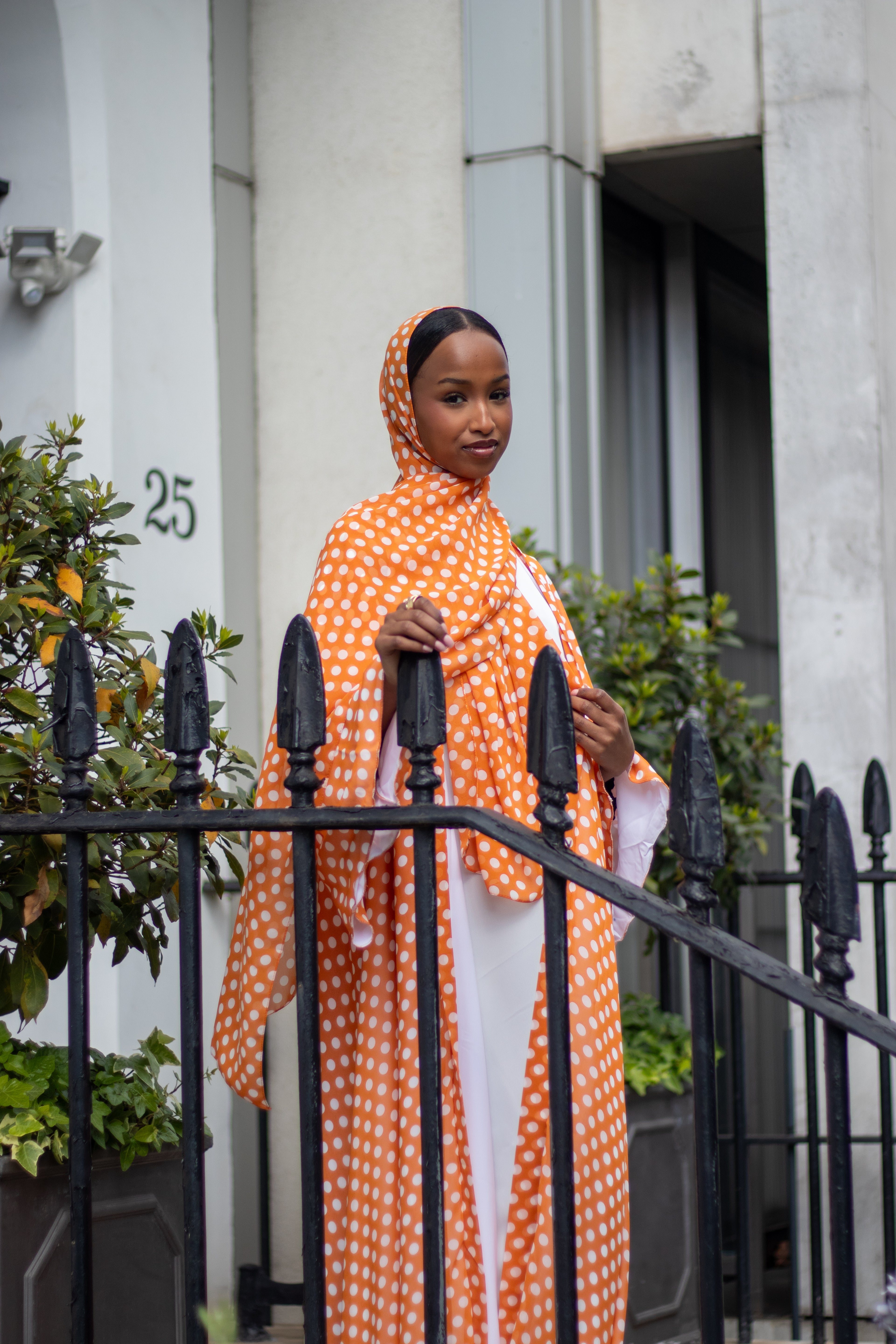 Polka Dot Abaya White/Orange with Jersey Hijab + Patterned Hijab