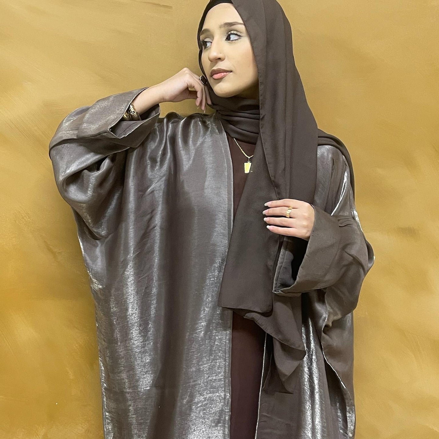 Silky Open Batwing Glitter Chestnut Abaya with Hijab