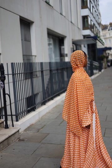 Polka Dot Abaya White/Orange with Jersey Hijab
