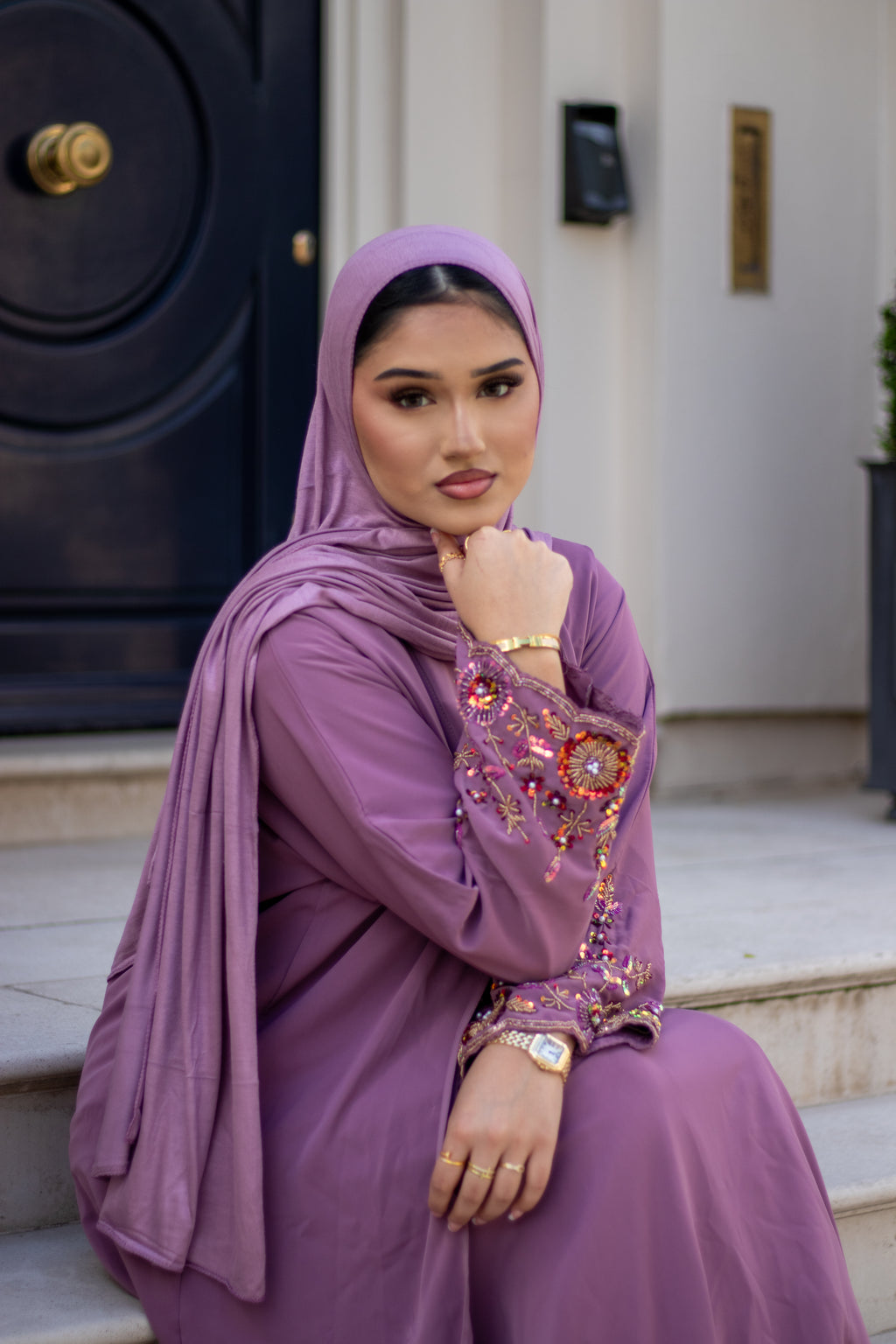 Haya Embellished Nida Abaya with Slip and Jersey Hijab