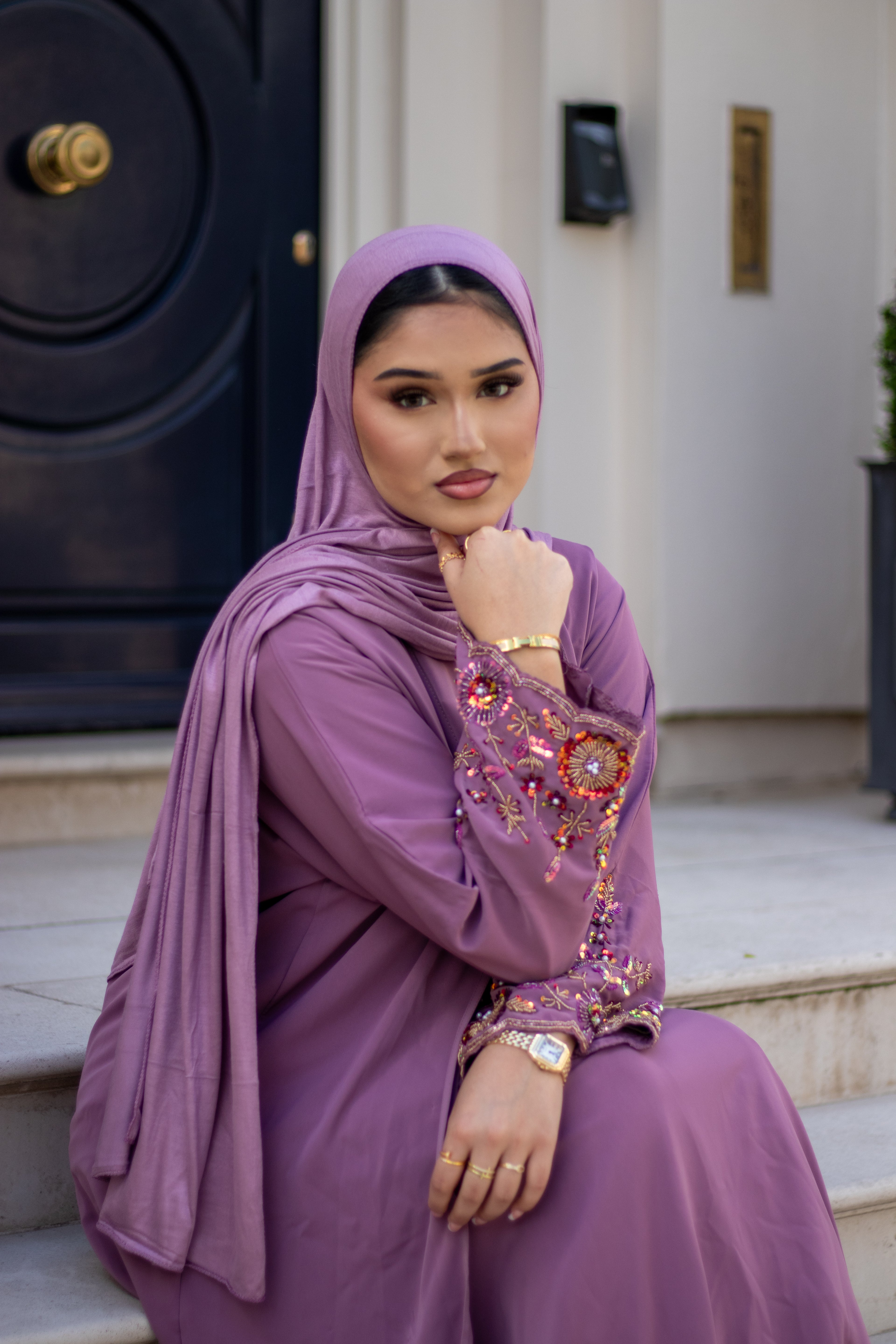 Haya Embellished Nida Abaya with Slip and Jersey Hijab