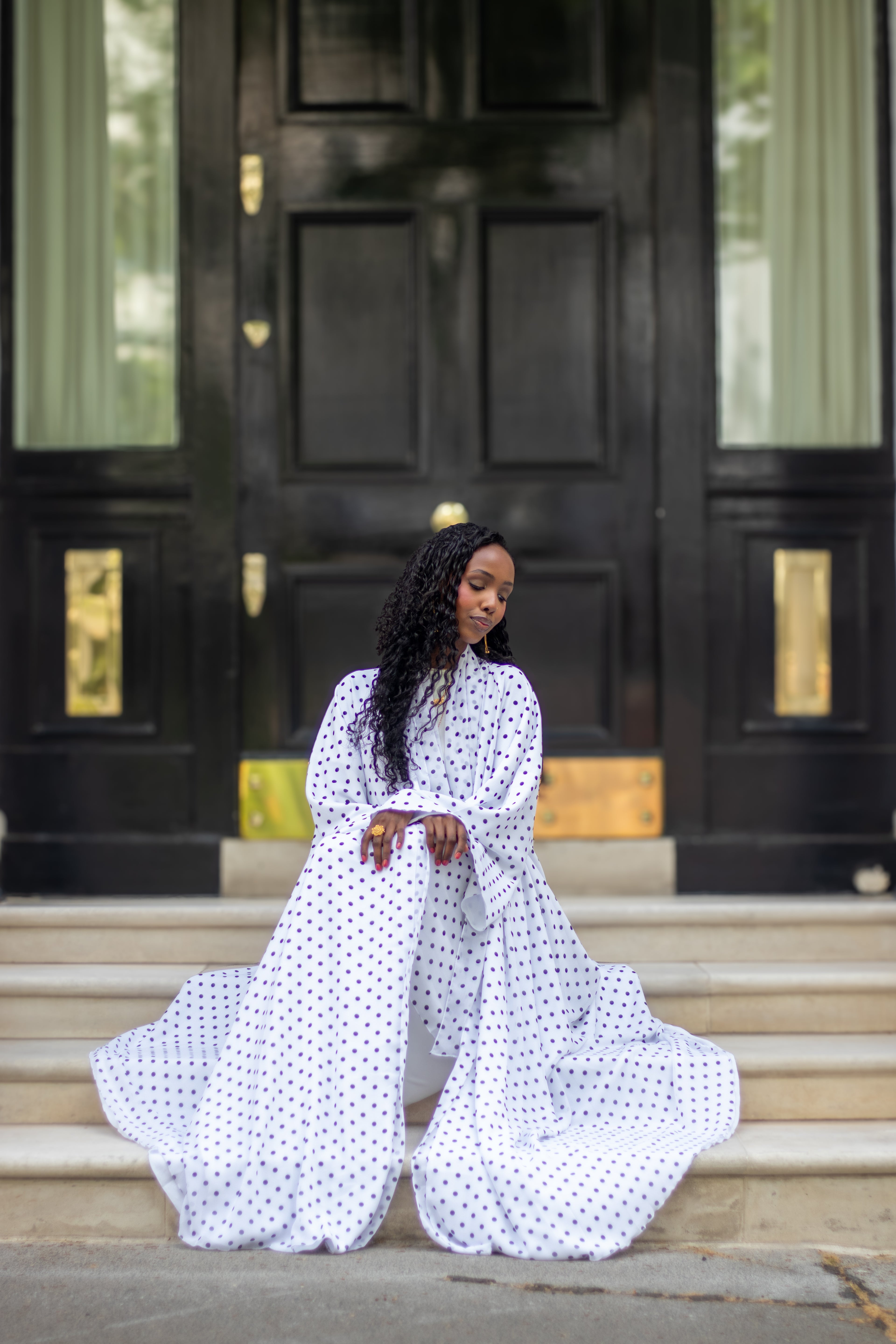 Polka Dot Abaya White/Orange with Jersey Hijab + Patterned Hijab