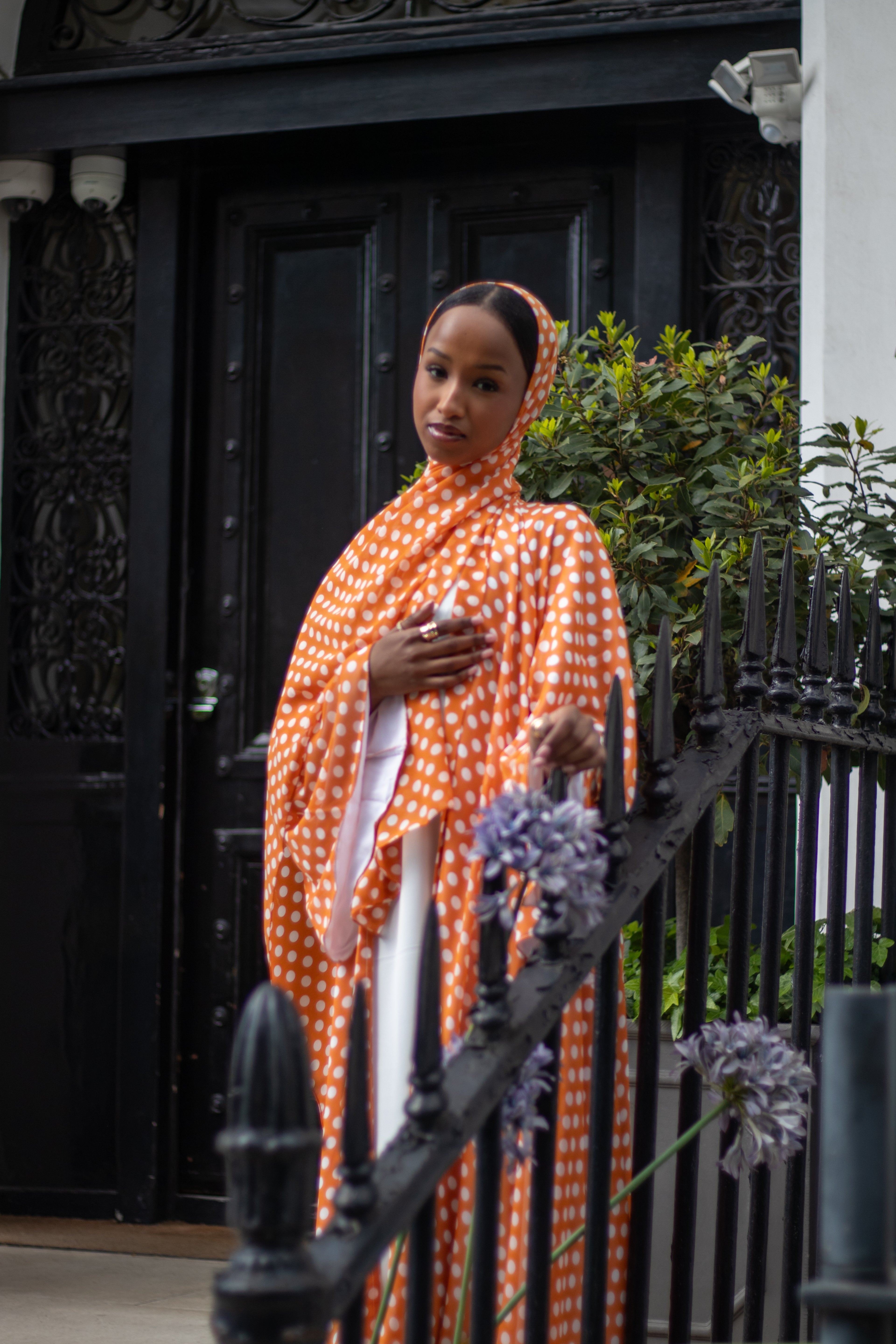 Polka Dot Abaya White/Orange with Jersey Hijab + Patterned Hijab