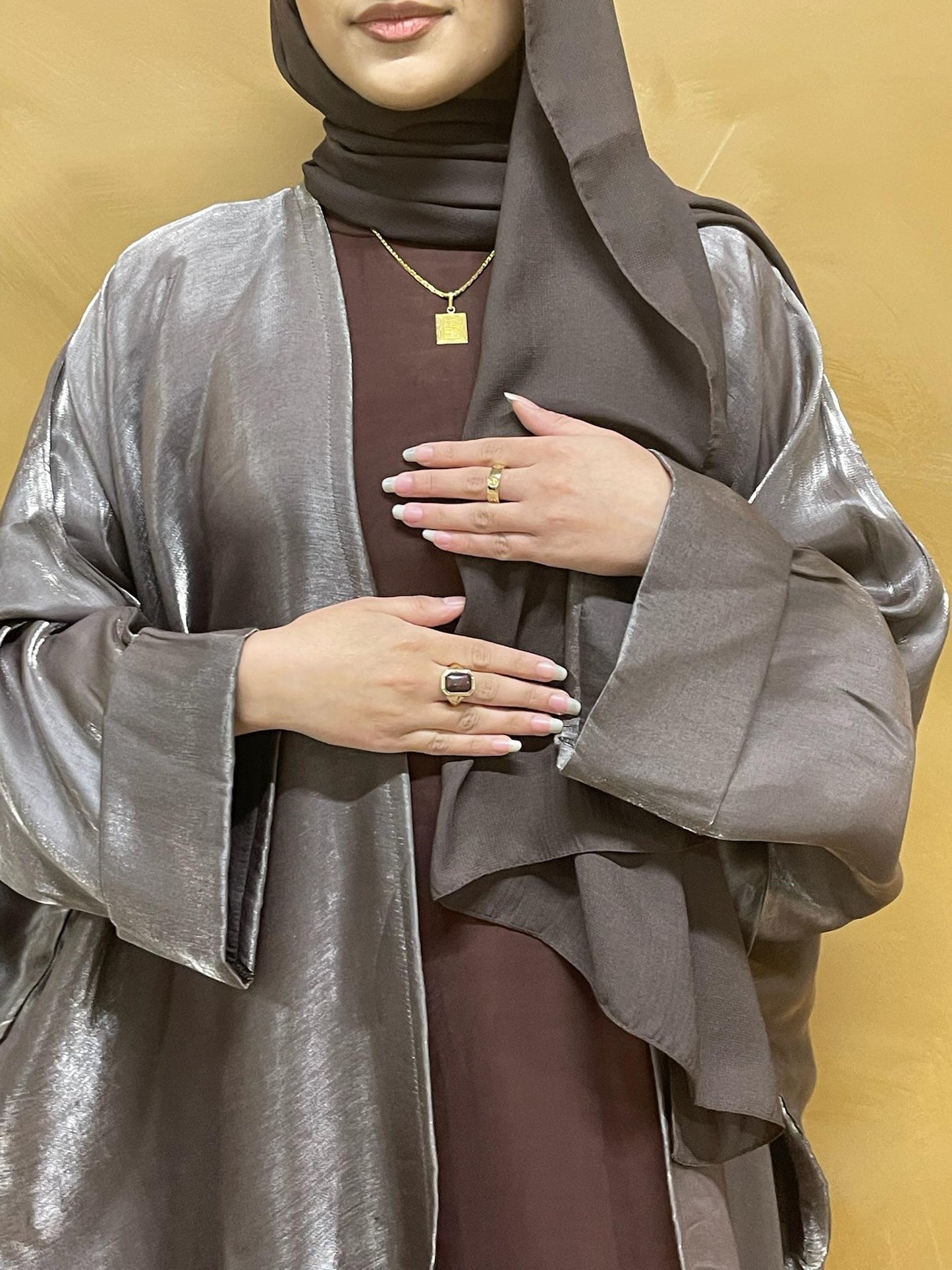 Silky Open Batwing Glitter Chestnut Abaya with Hijab