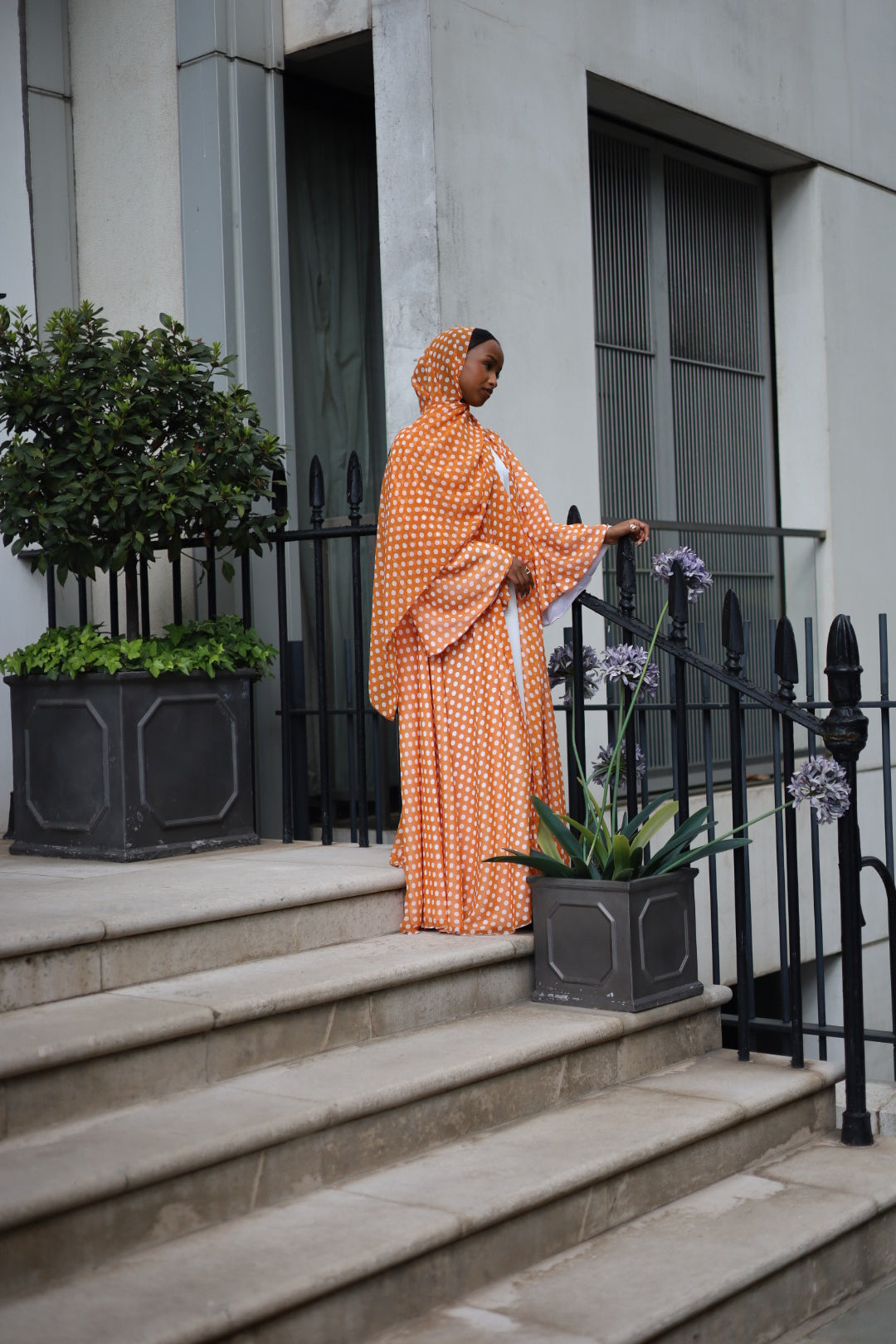 Polka Dot Abaya White/Orange with Jersey Hijab + Patterned Hijab