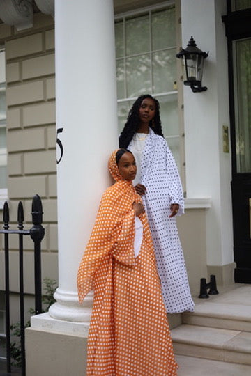 Polka Dot Abaya White/Orange with Jersey Hijab