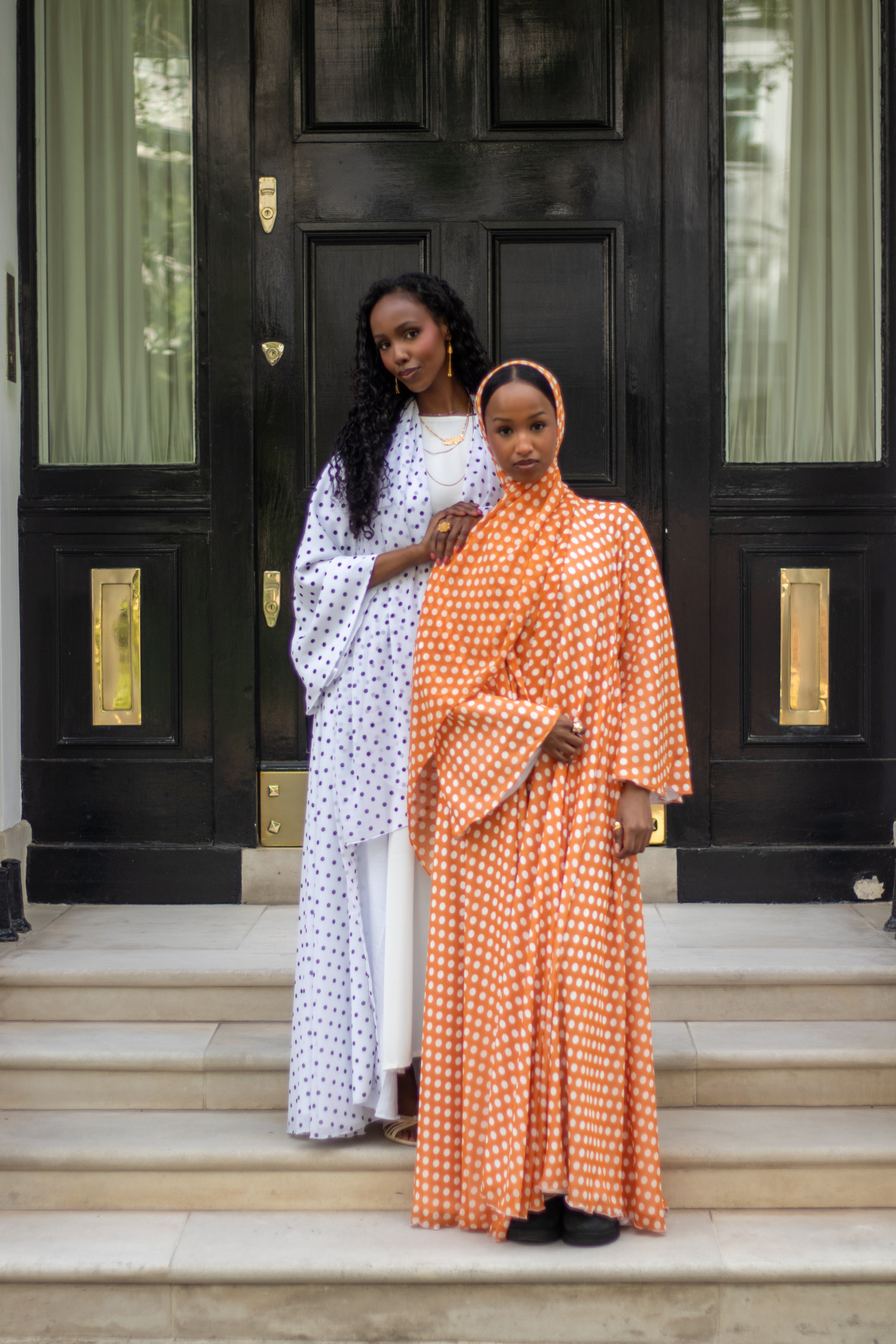 Polka Dot Abaya White/Orange with Jersey Hijab + Patterned Hijab