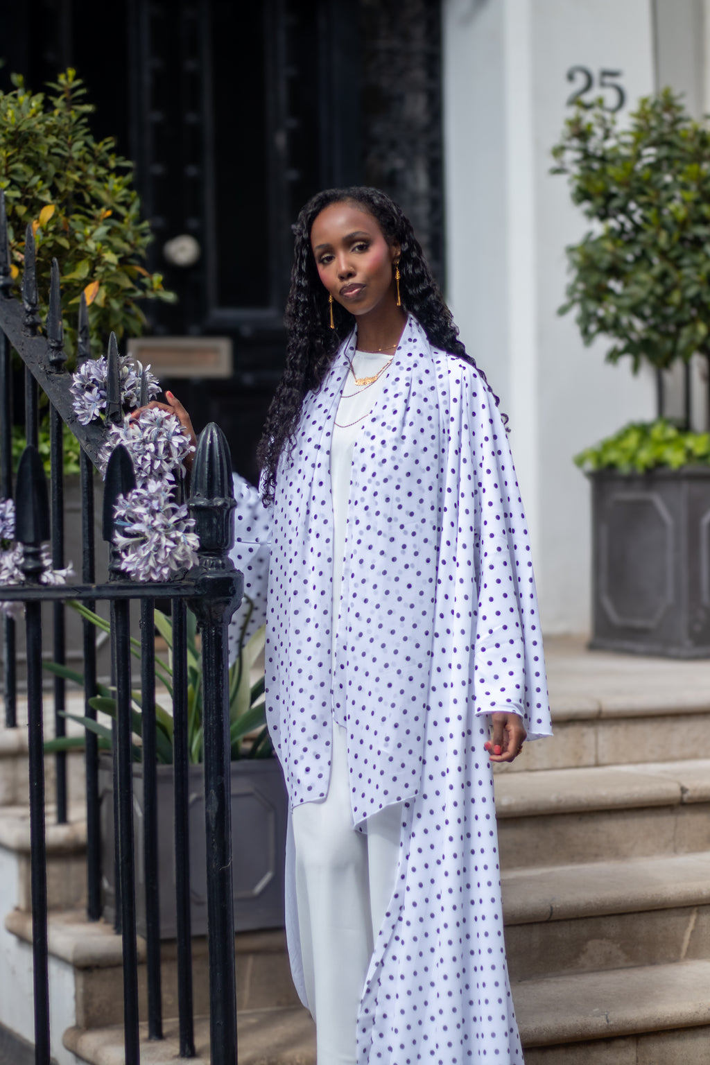 Polka Dot Abaya White/Orange with Jersey Hijab + Patterned Hijab