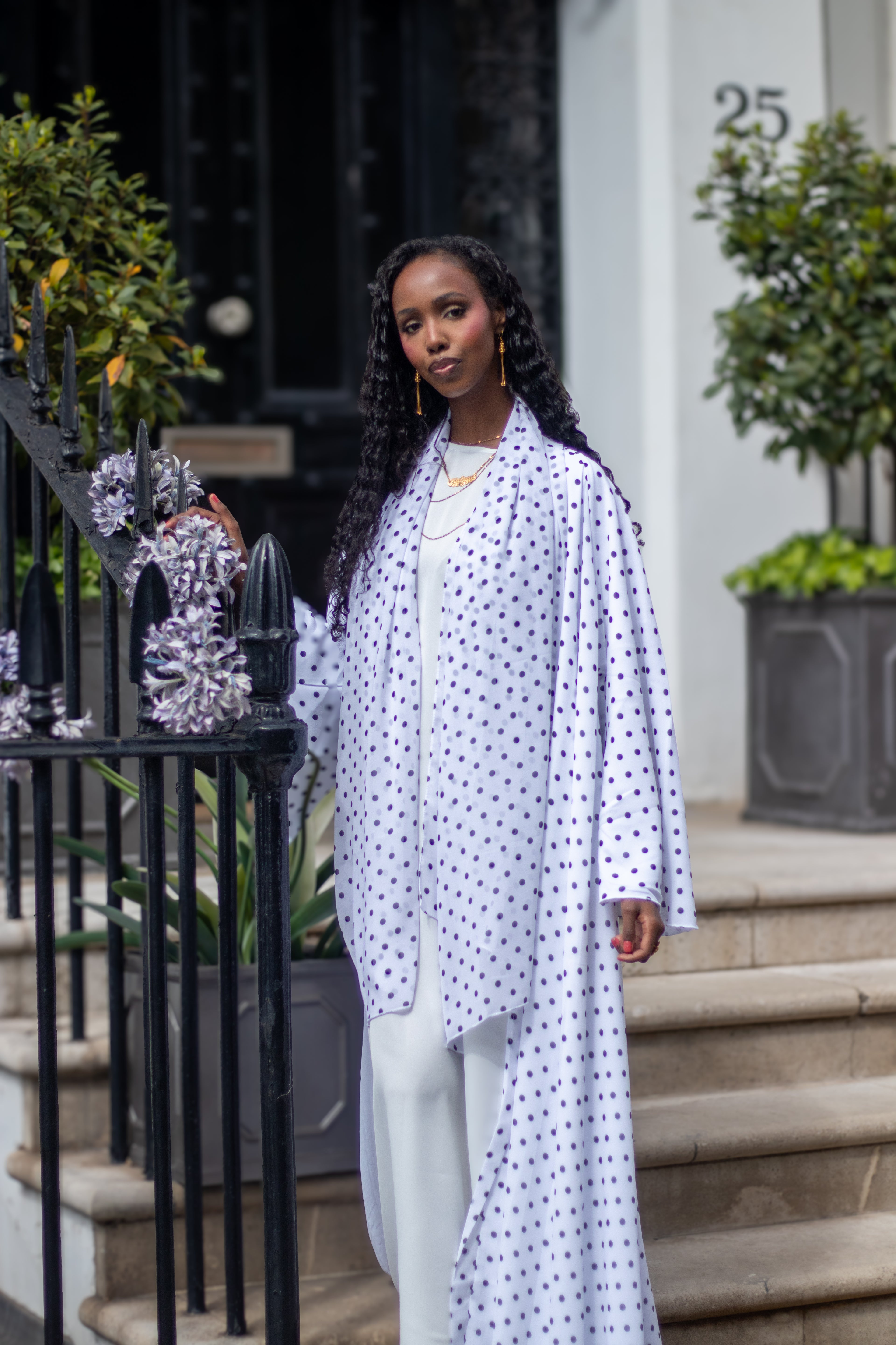Polka Dot Abaya White/Orange with Jersey Hijab + Patterned Hijab