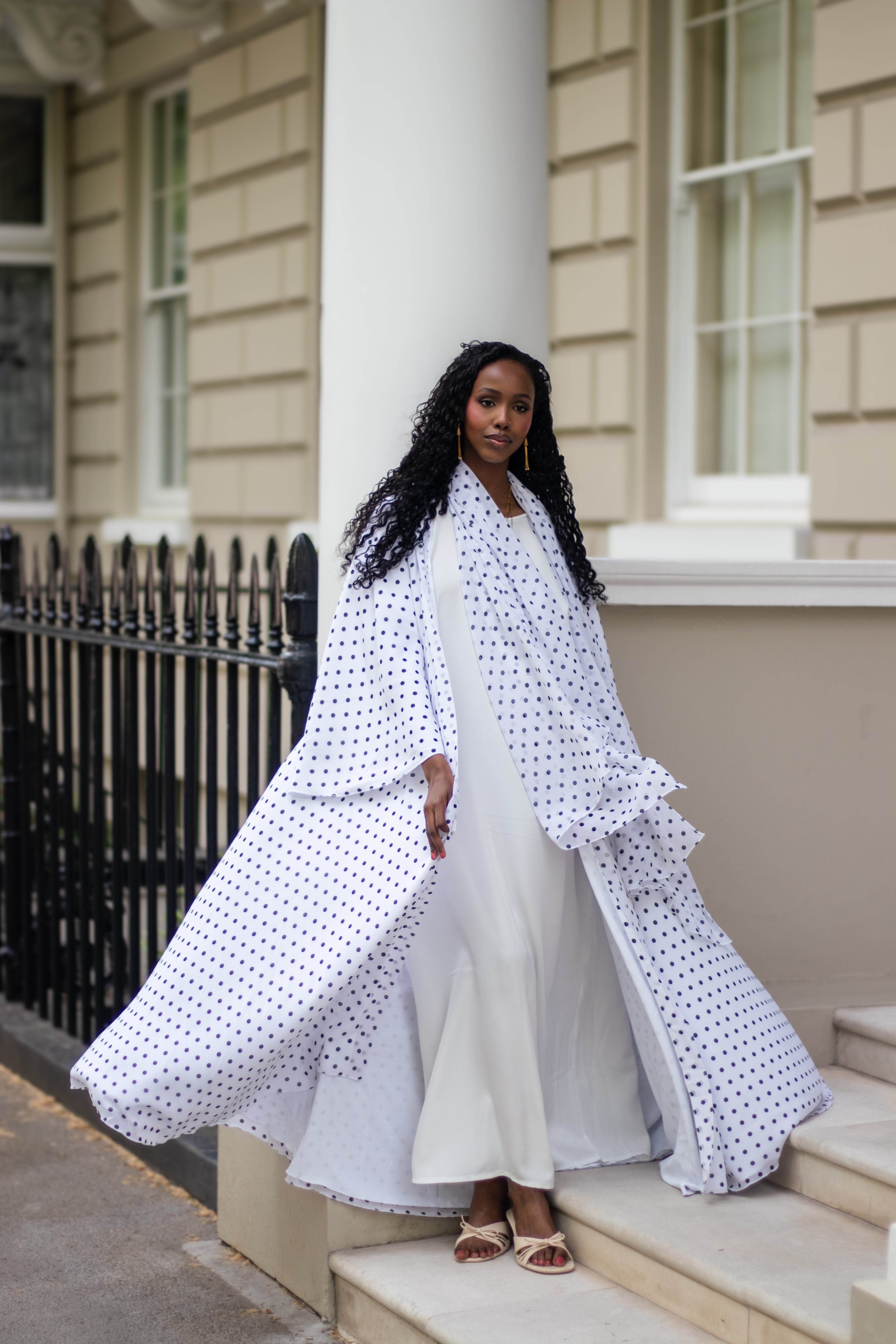 Polka Dot Abaya White/Orange with Jersey Hijab + Patterned Hijab