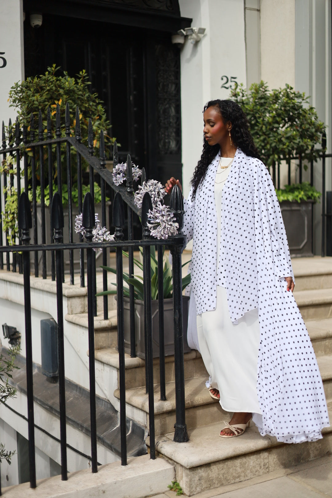 Polka Dot Abaya White/Orange with Jersey Hijab + Patterned Hijab