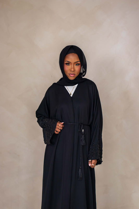 Party/Ramadan Black Embellishments Abaya with Belt and Hijab