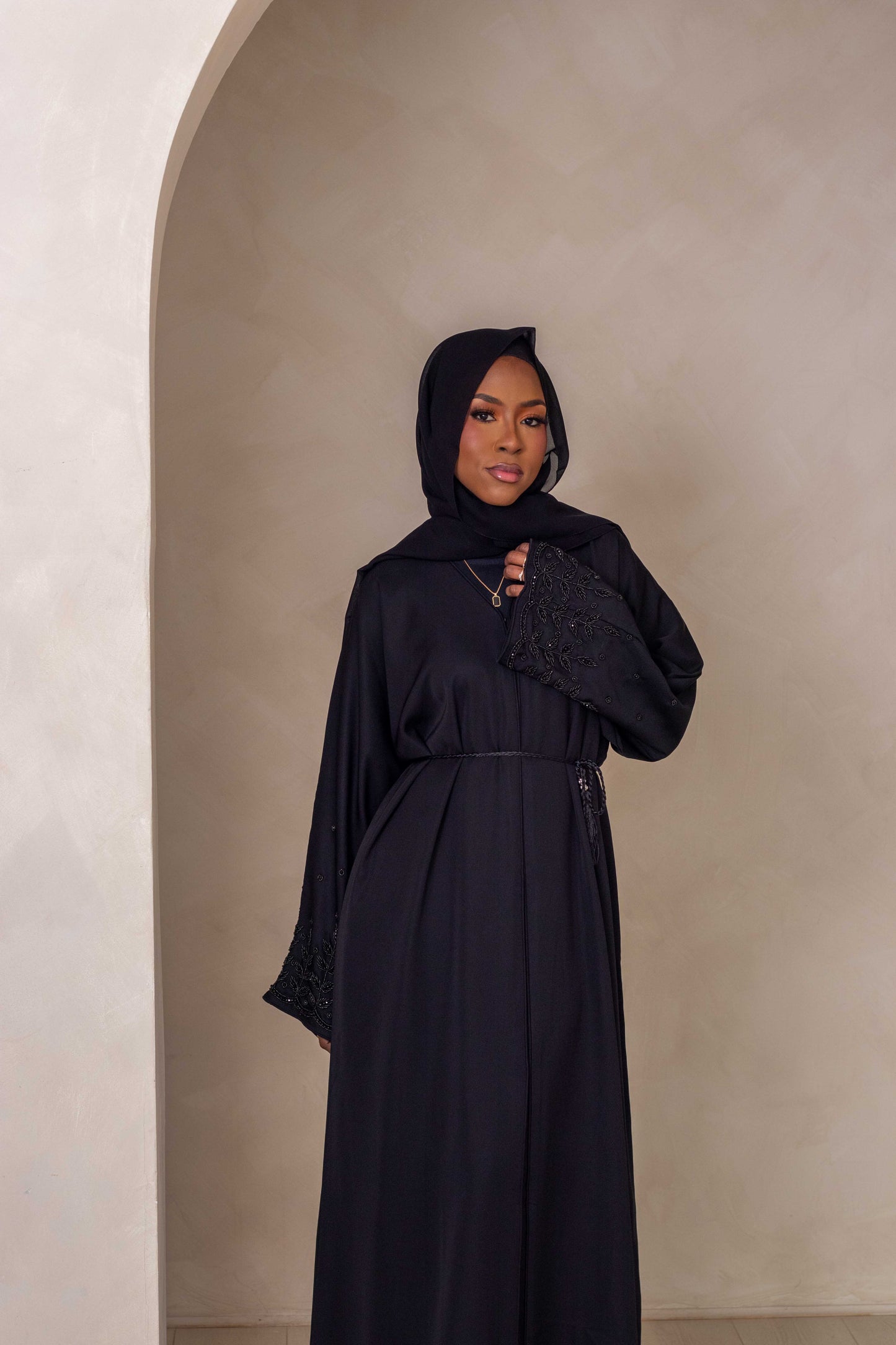 Party/Ramadan Black Embellishments Abaya with Belt and Hijab