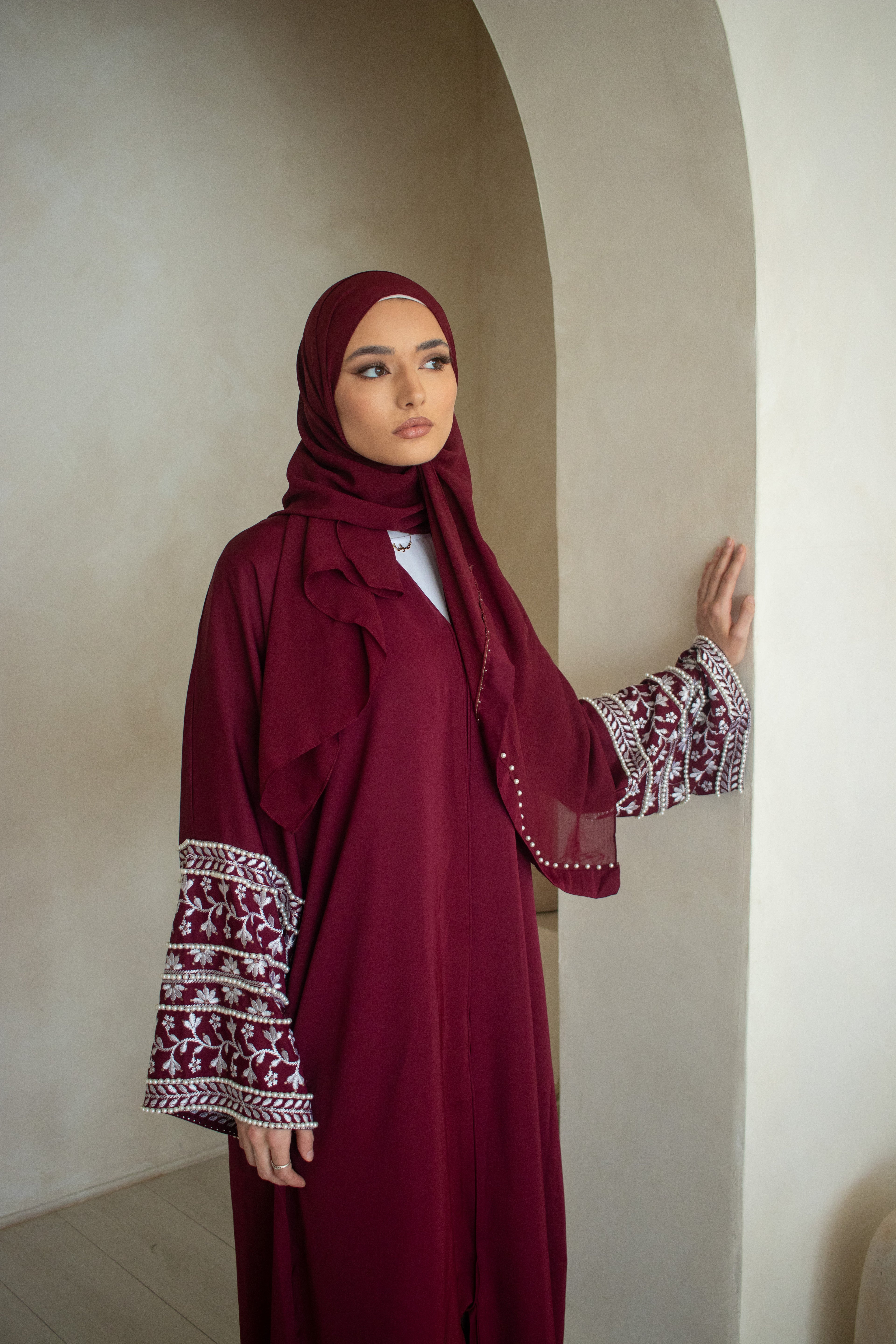 Muslim Embellishment Embroidery Abaya Cream/Brown/Plum/Teal/Maroon/Grey/Coral