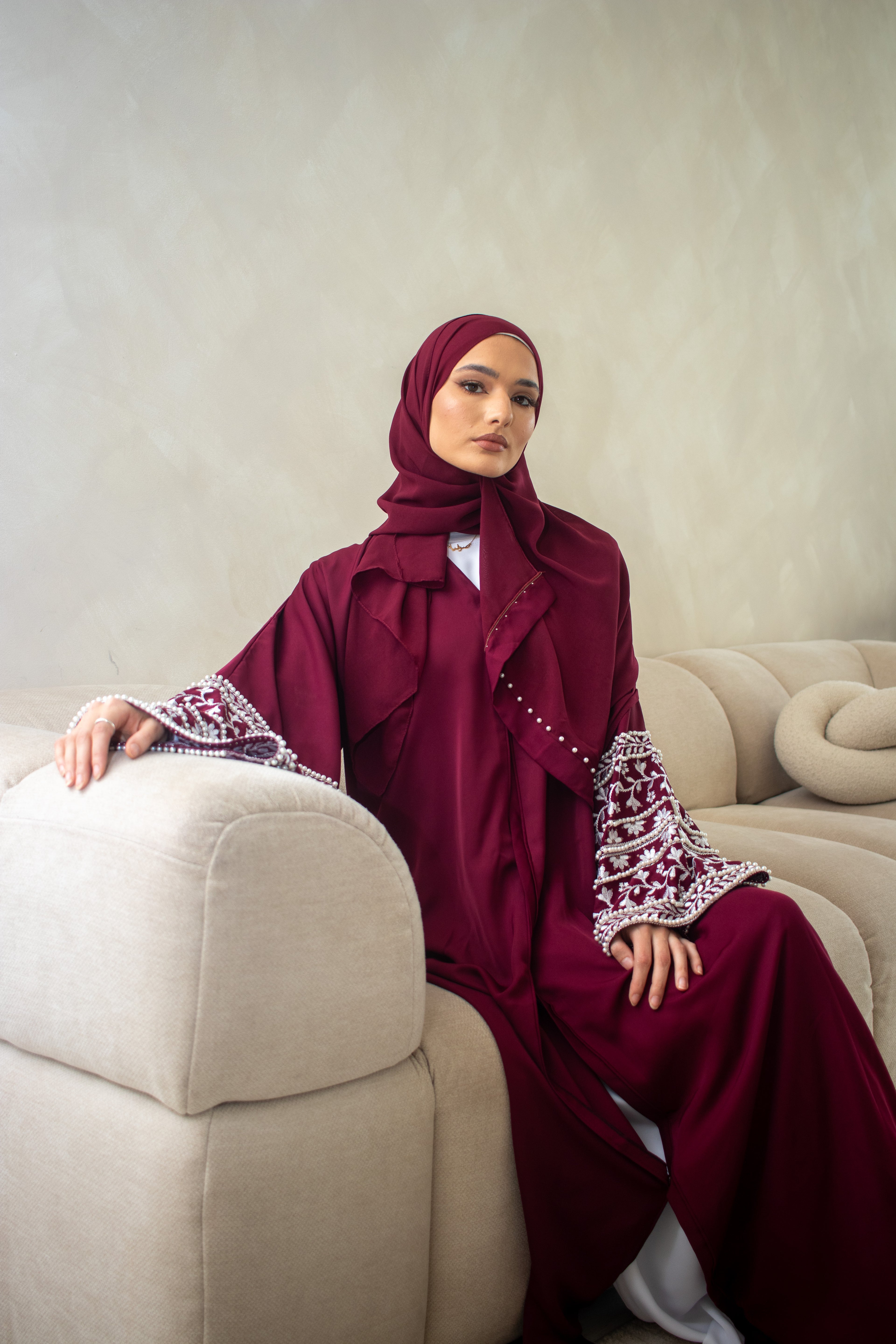 Muslim Embellishment Embroidery Abaya Cream/Brown/Plum/Teal/Maroon/Grey/Coral