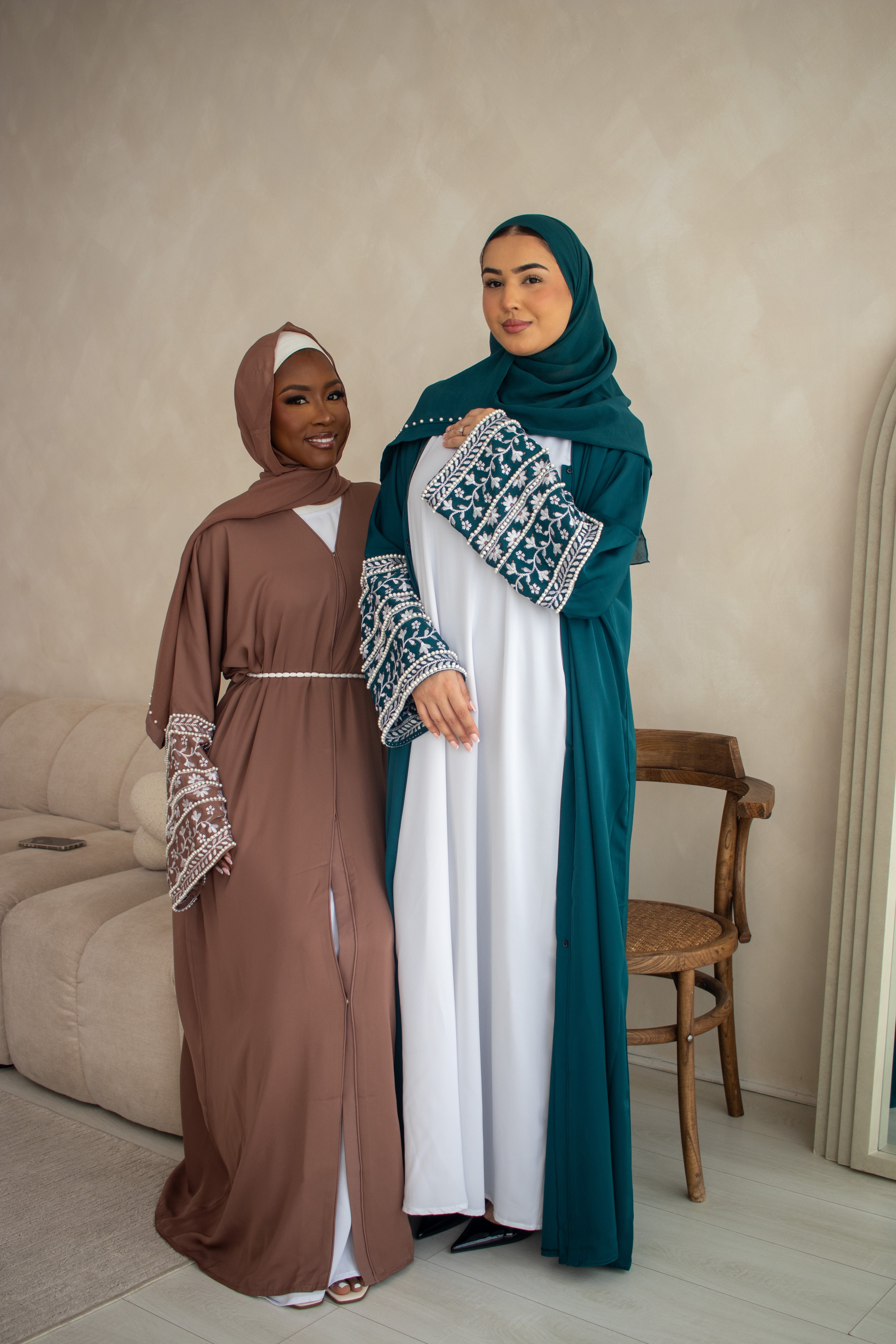Muslim Embellishment Embroidery Abaya Cream/Brown/Plum/Teal/Maroon/Grey/Coral