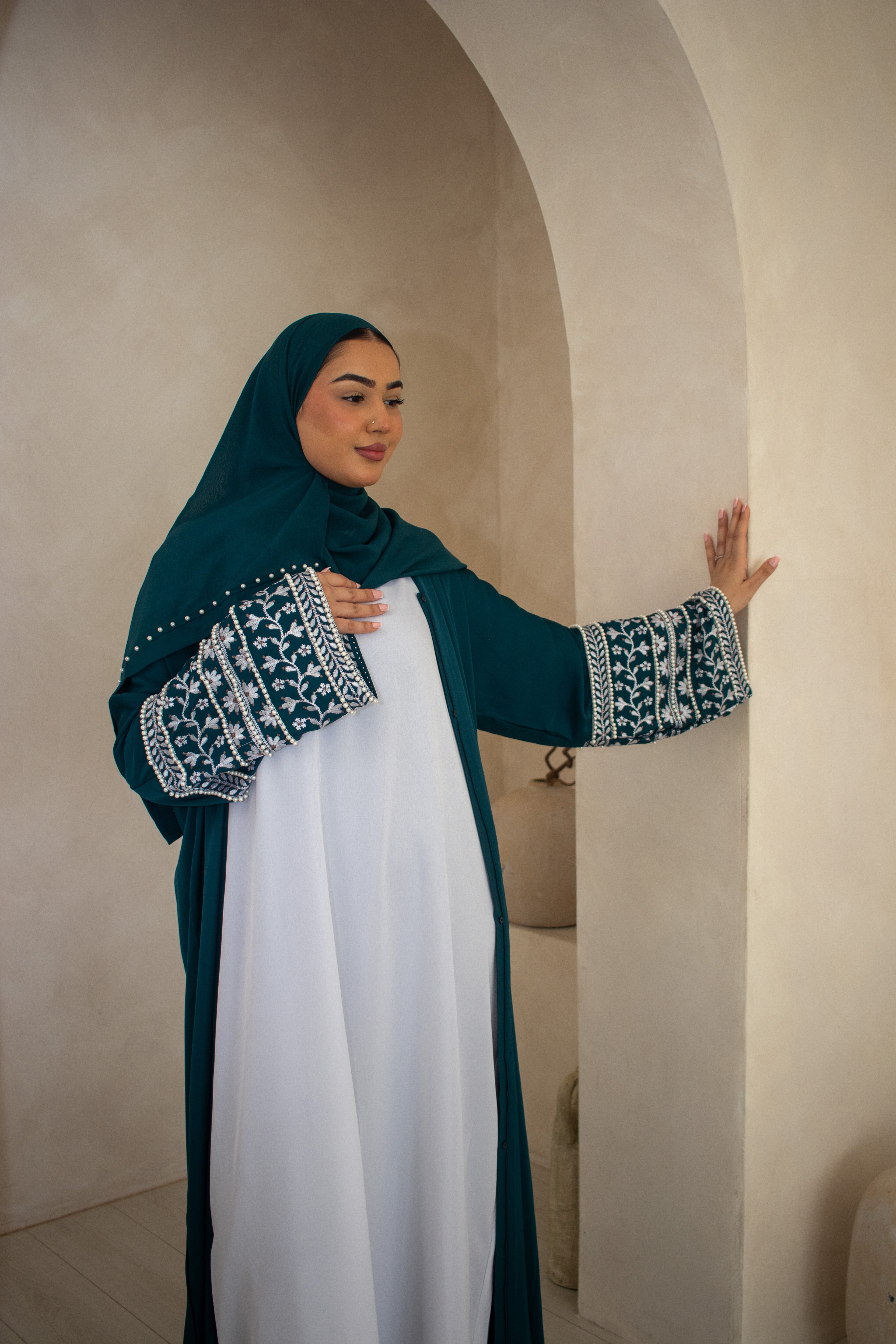 Muslim Embellishment Embroidery Abaya Cream/Brown/Plum/Teal/Maroon/Grey/Coral