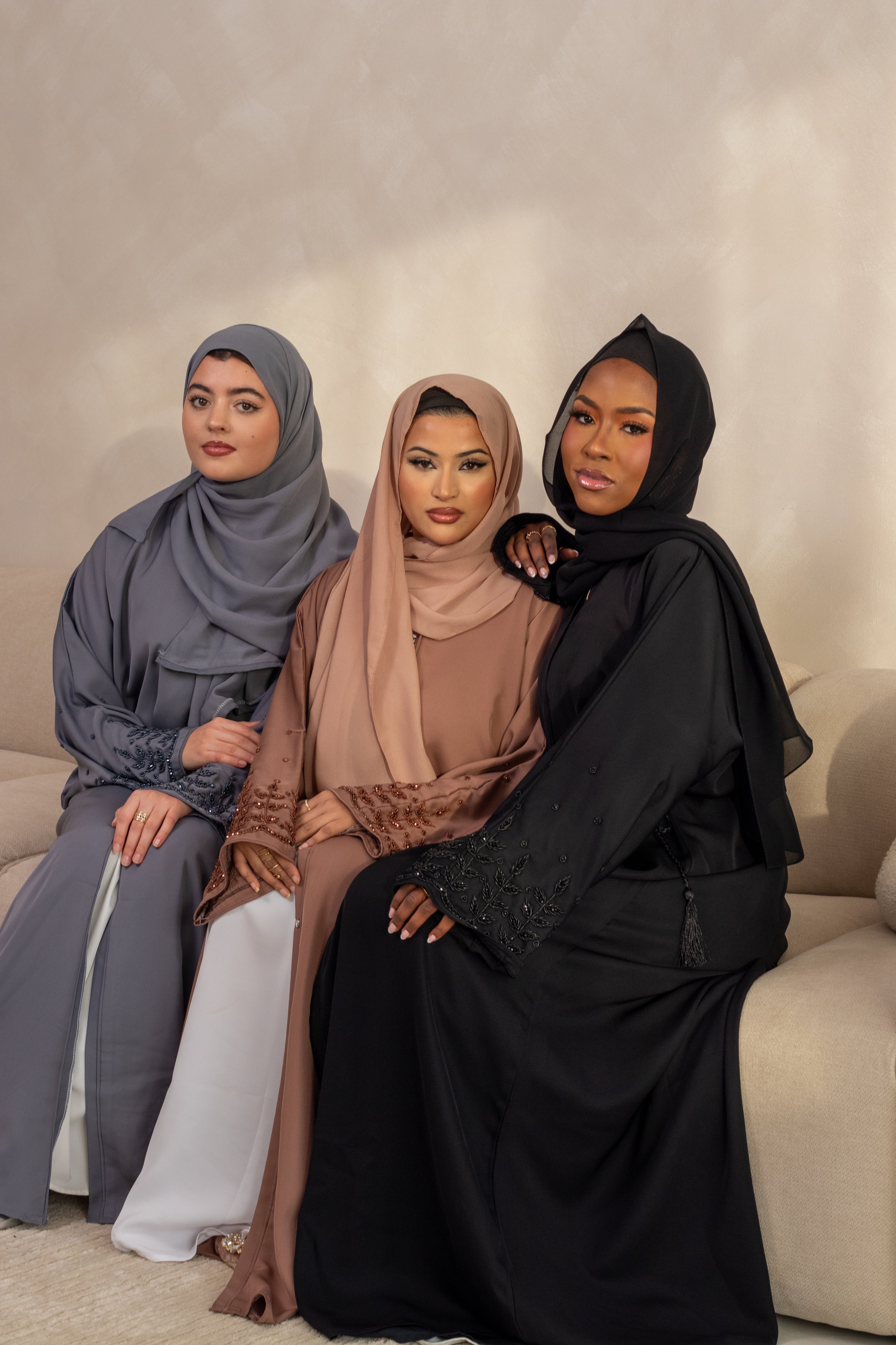 3 Piece Embellishments Abaya with Belt and Hijab Black/Grey/Pink/Chocolate Brown