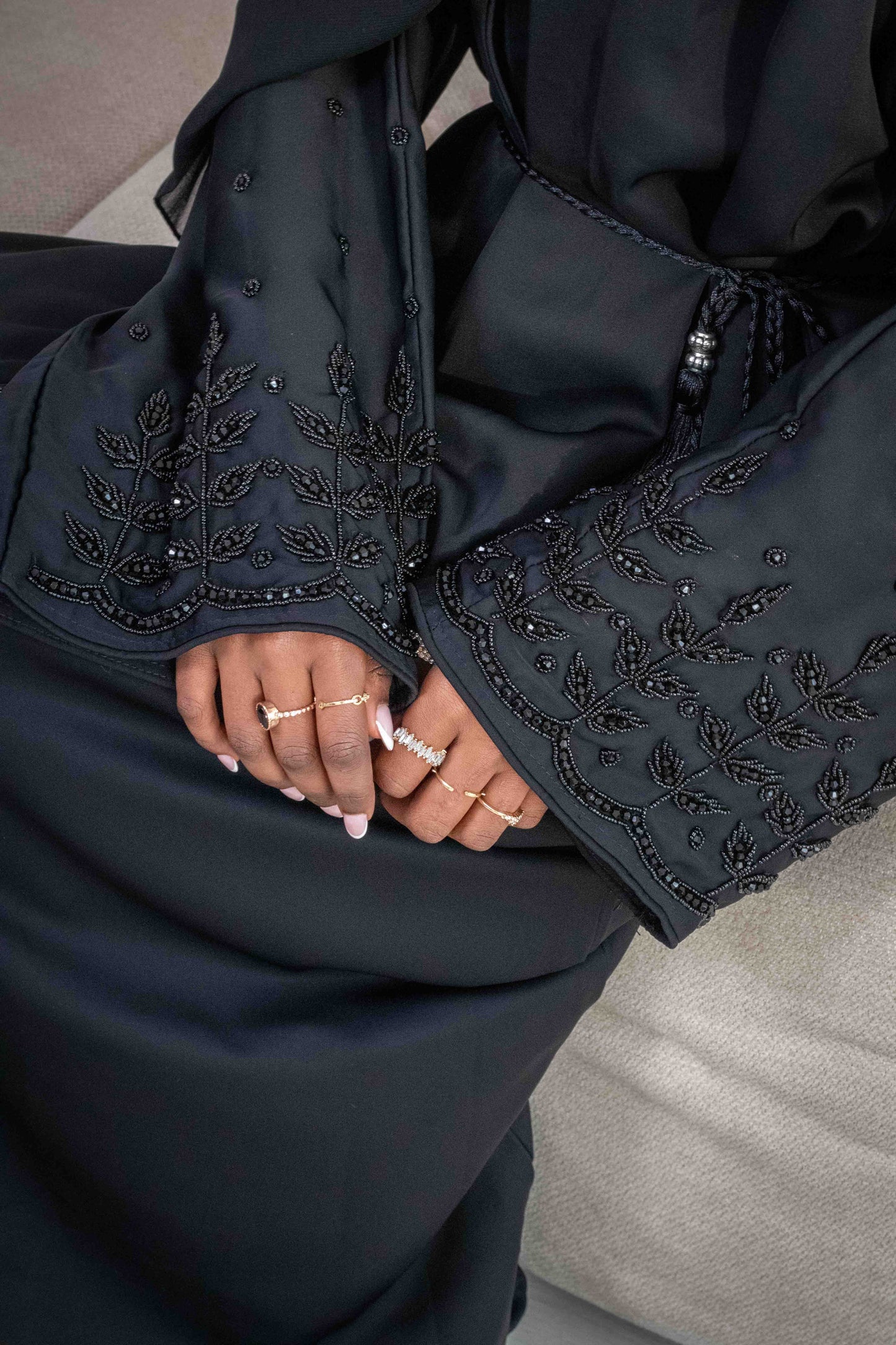 Party/Ramadan Black Embellishments Abaya with Belt and Hijab