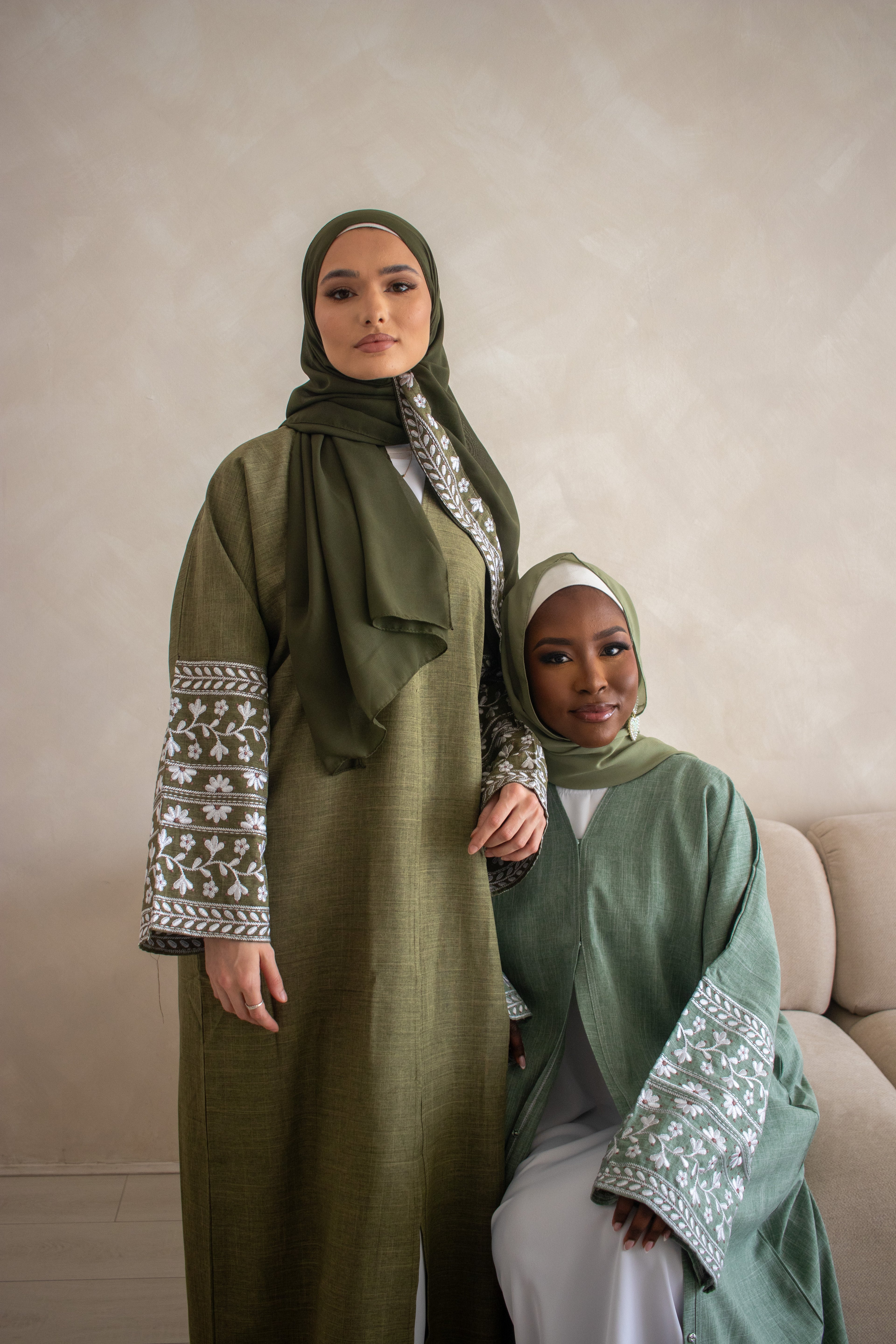 Linen Style Abaya with Double Layer Flower Embroidery on Hijab and Sleeves 6 Colours