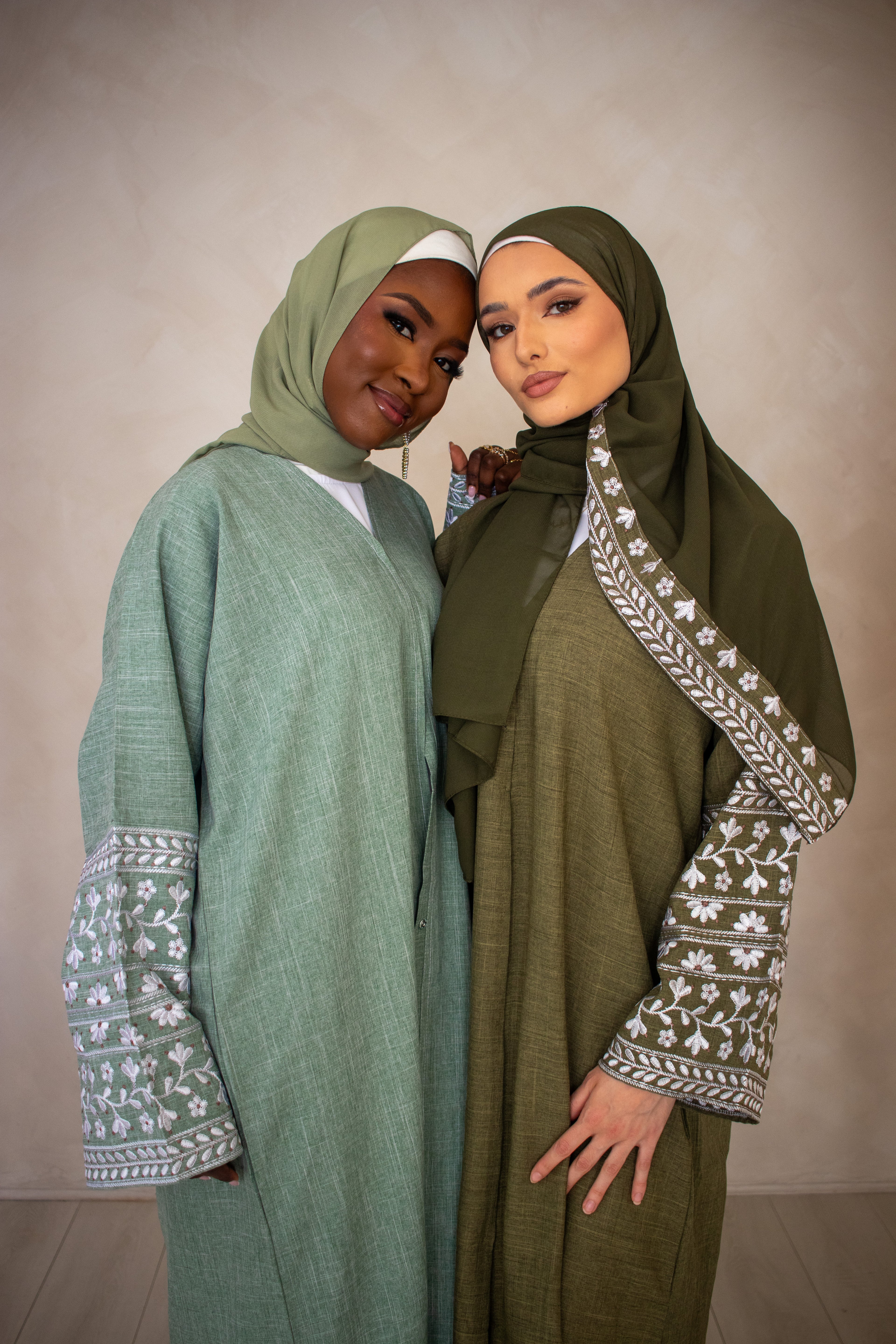 Linen Style Abaya with Double Layer Flower Embroidery on Hijab and Sleeves 6 Colours