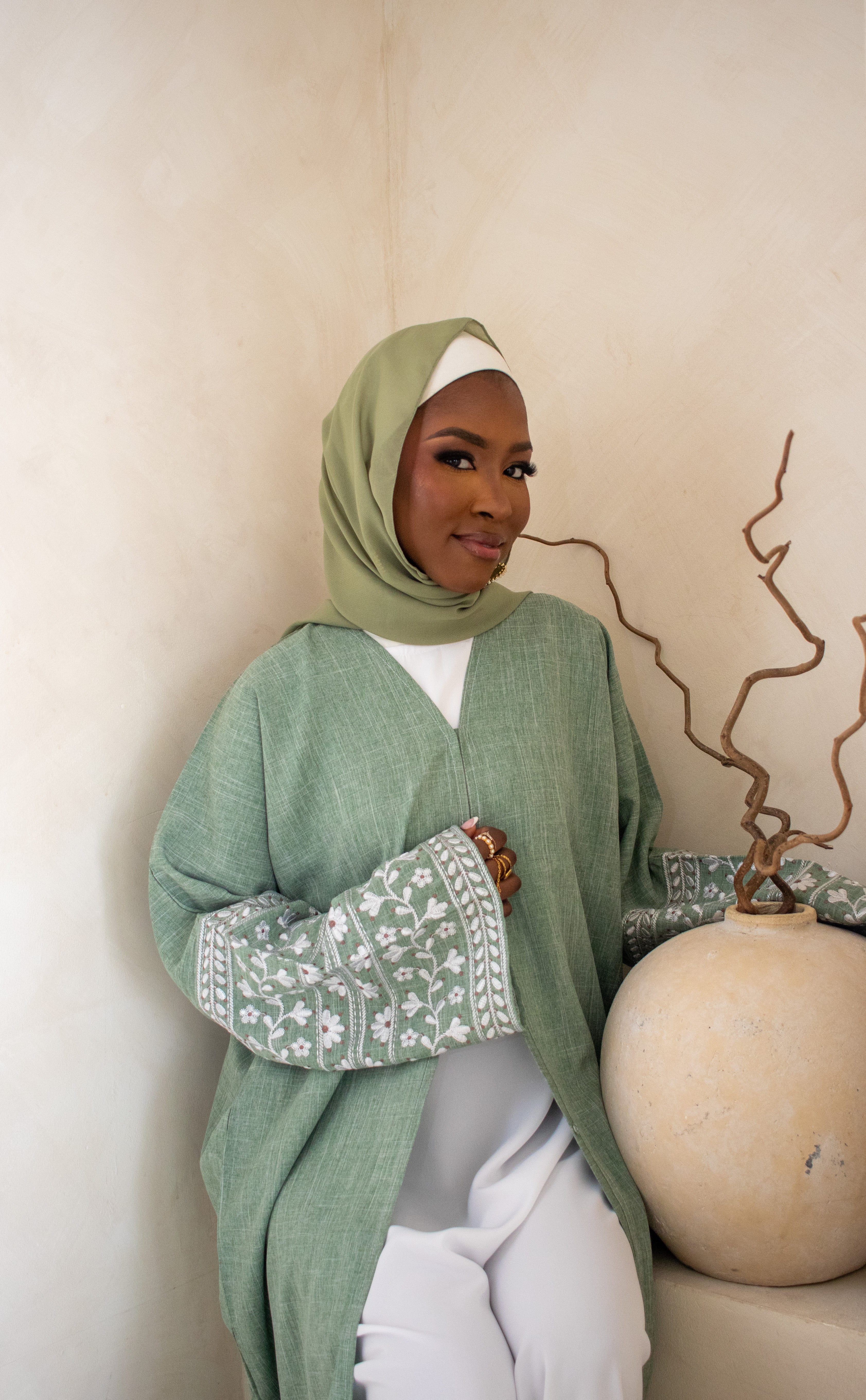 Linen Style Abaya with Double Layer Flower Embroidery on Hijab and Sleeves 6 Colours