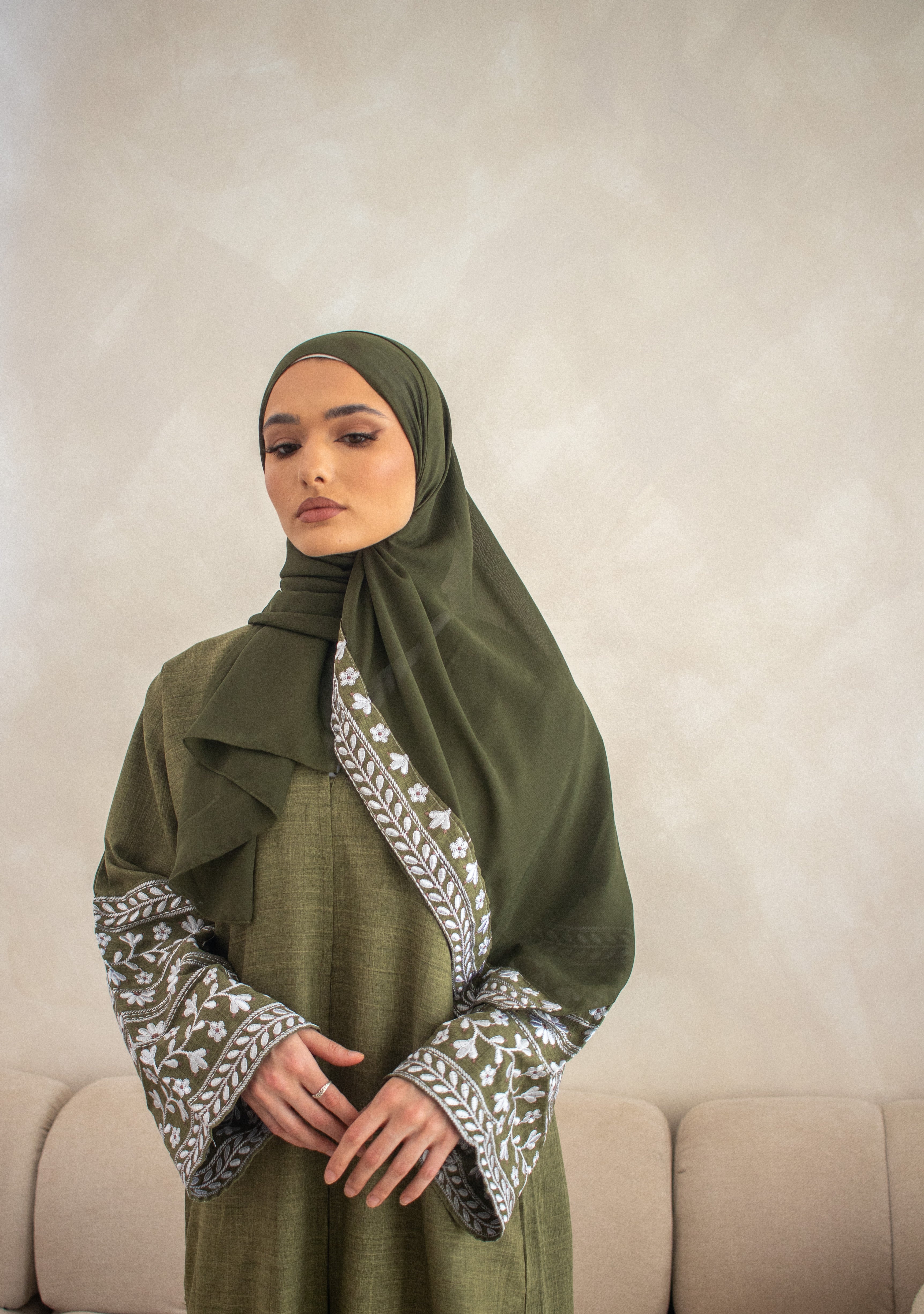 Linen Style Abaya with Double Layer Flower Embroidery on Hijab and Sleeves 6 Colours