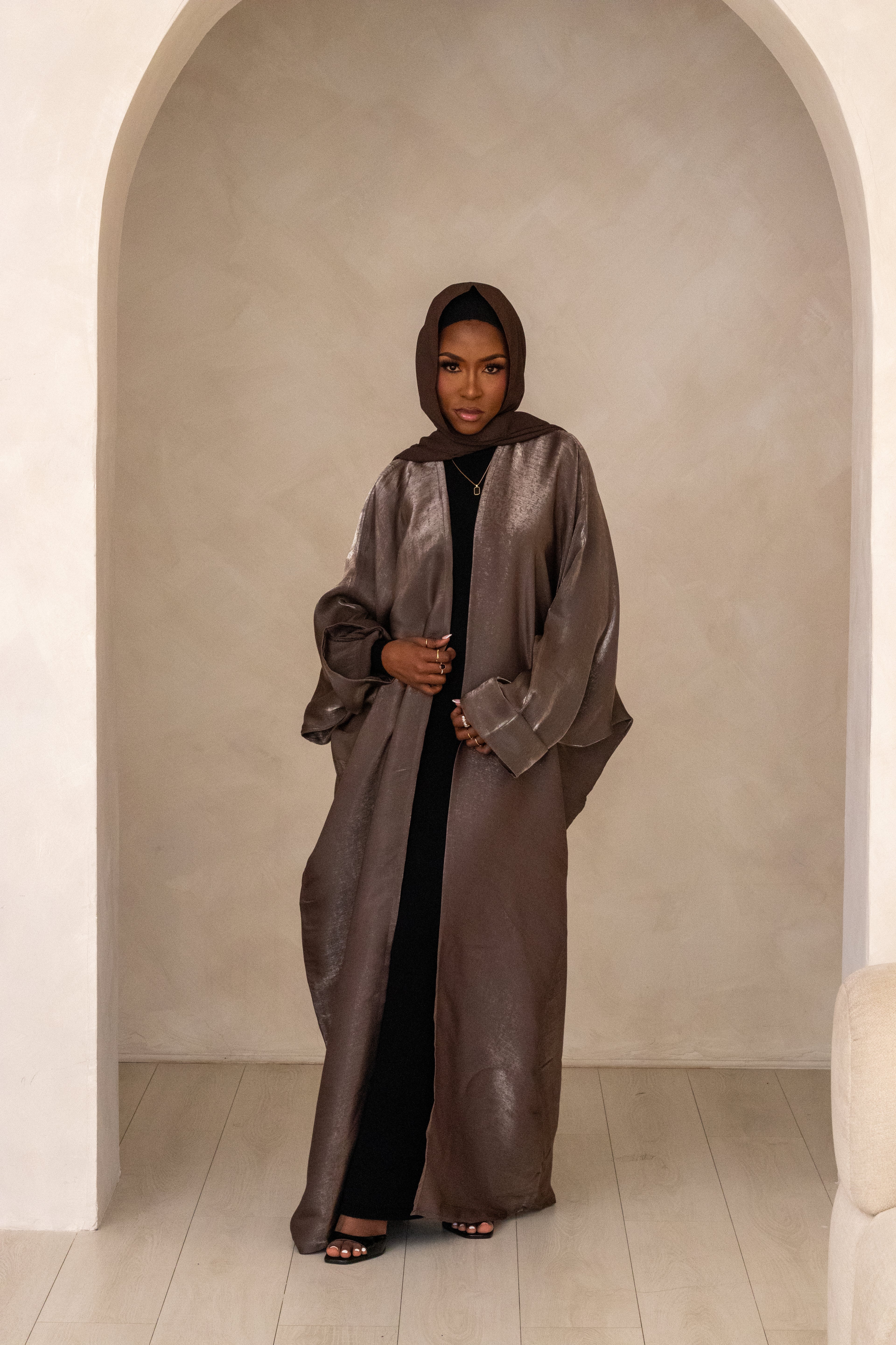 Silky Open Batwing Glitter Chestnut Abaya with Hijab