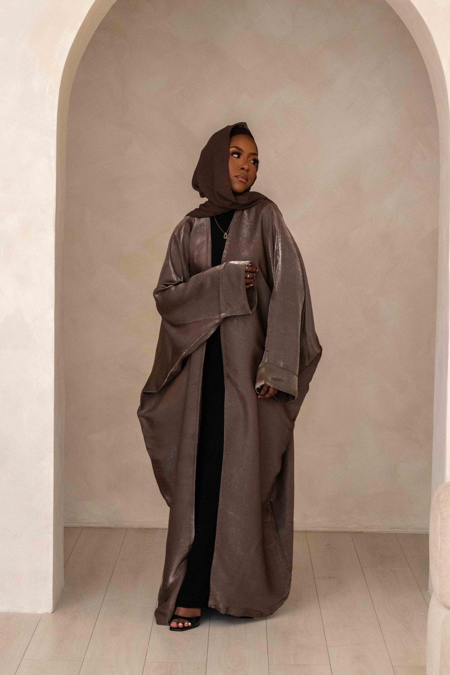 Silky Open Batwing Glitter Chestnut Abaya with Hijab