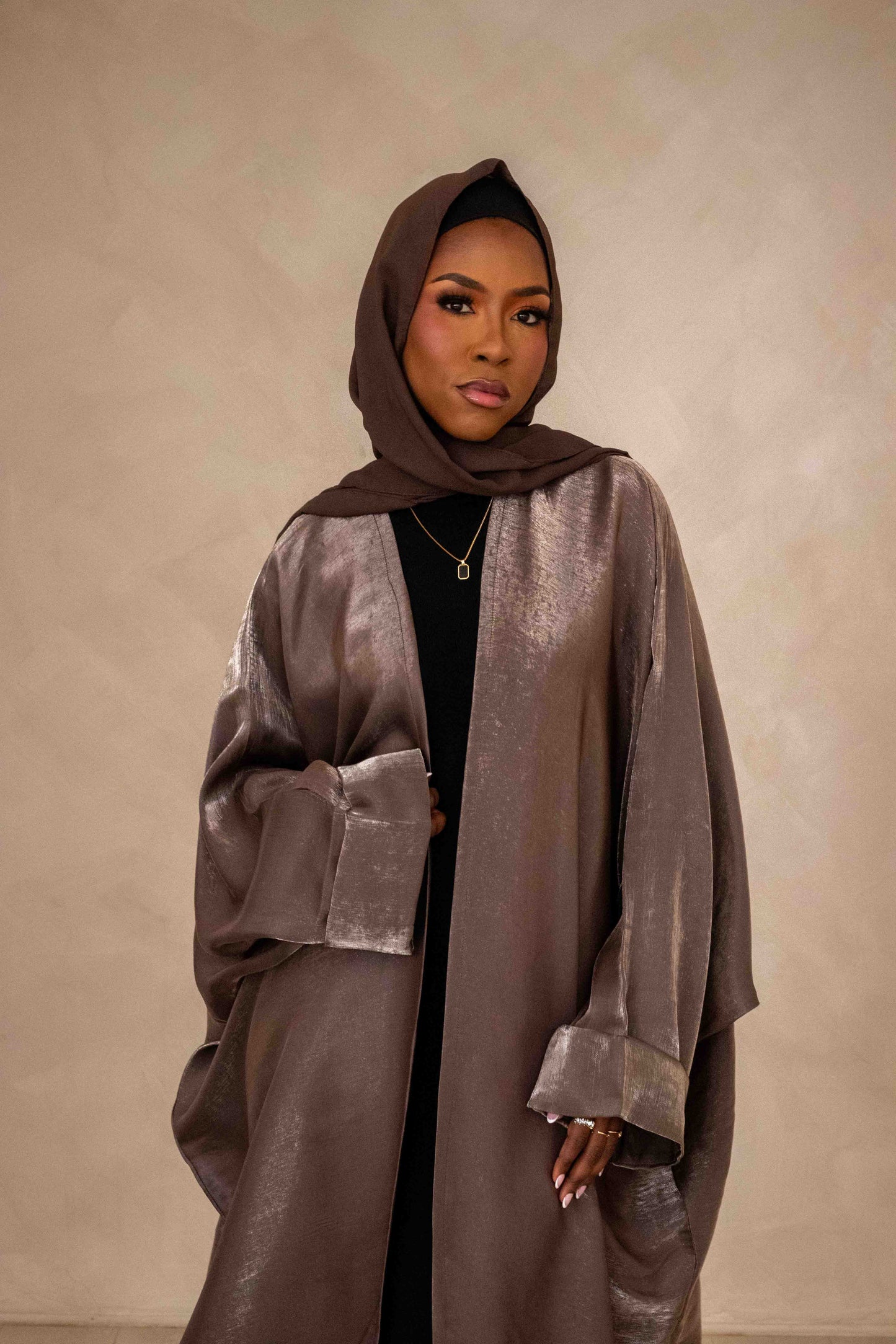 Silky Open Batwing Glitter Chestnut Abaya with Hijab