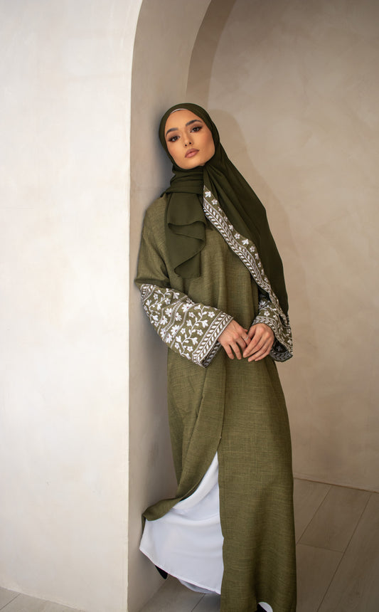 Linen Style Abaya with Double Layer Flower Embroidery on Hijab and Sleeves 6 Colours