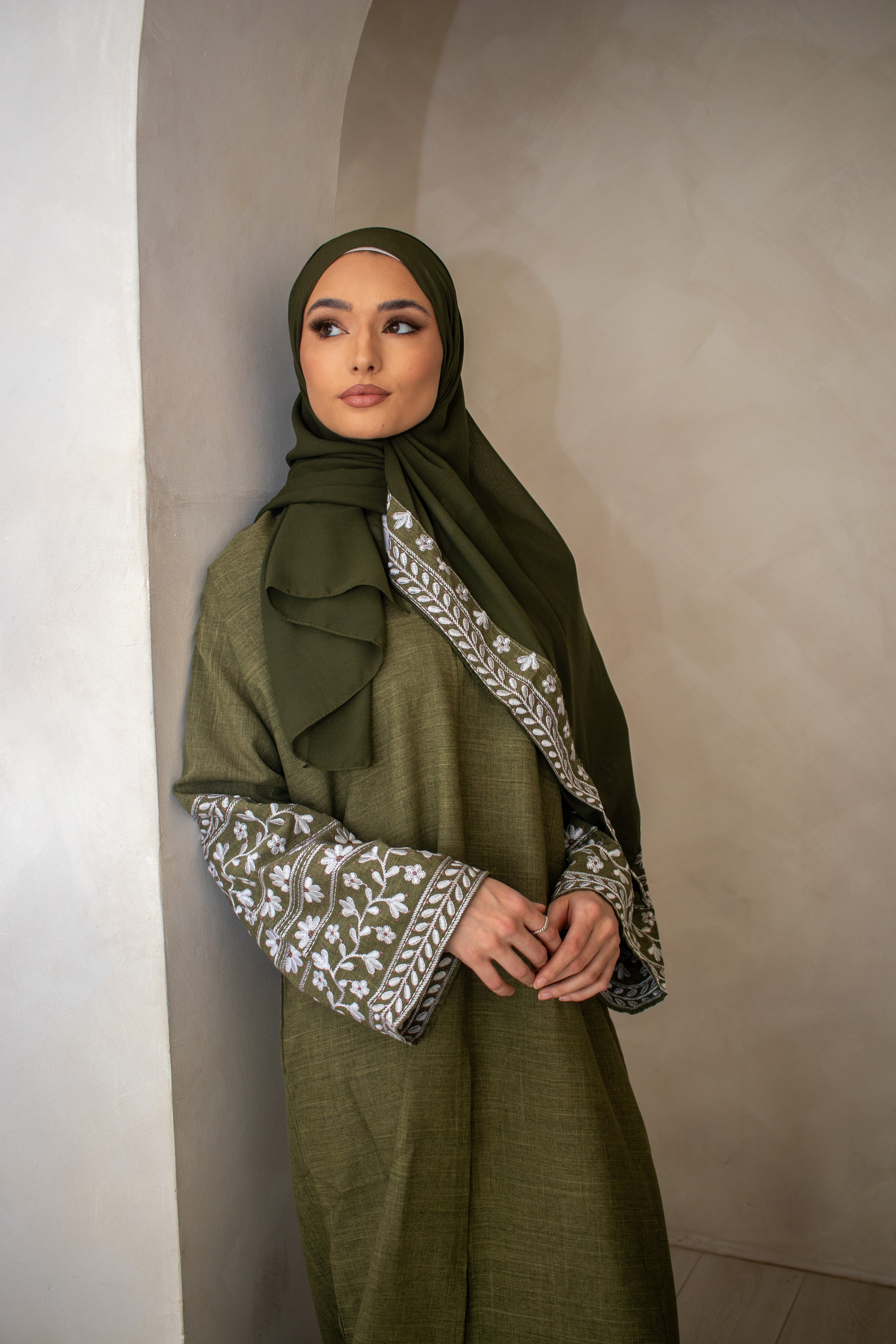 Linen Style Abaya with Double Layer Flower Embroidery on Hijab and Sleeves 6 Colours
