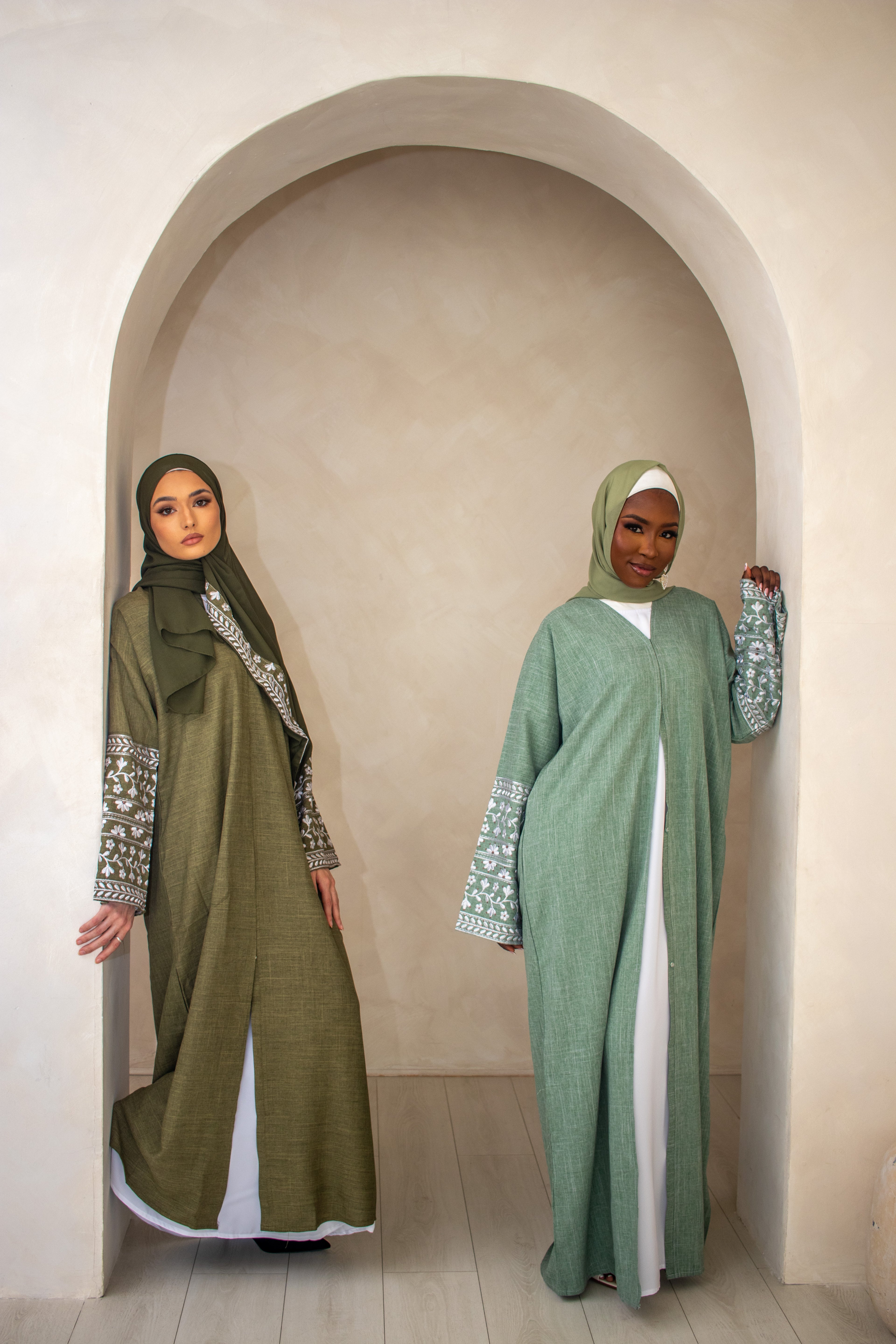 Linen Style Abaya with Double Layer Flower Embroidery on Hijab and Sleeves 6 Colours