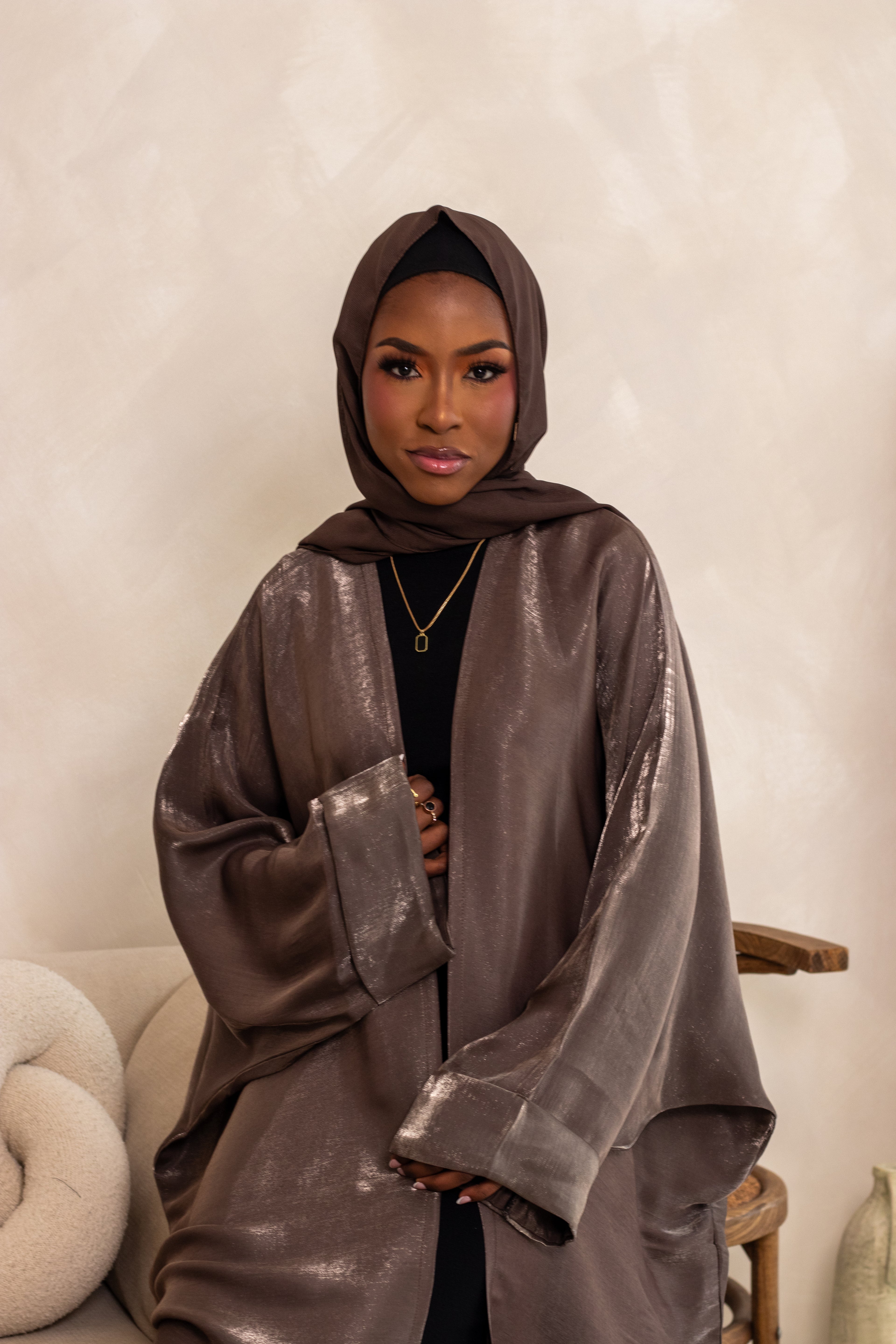 Silky Open Batwing Glitter Chestnut Abaya with Hijab