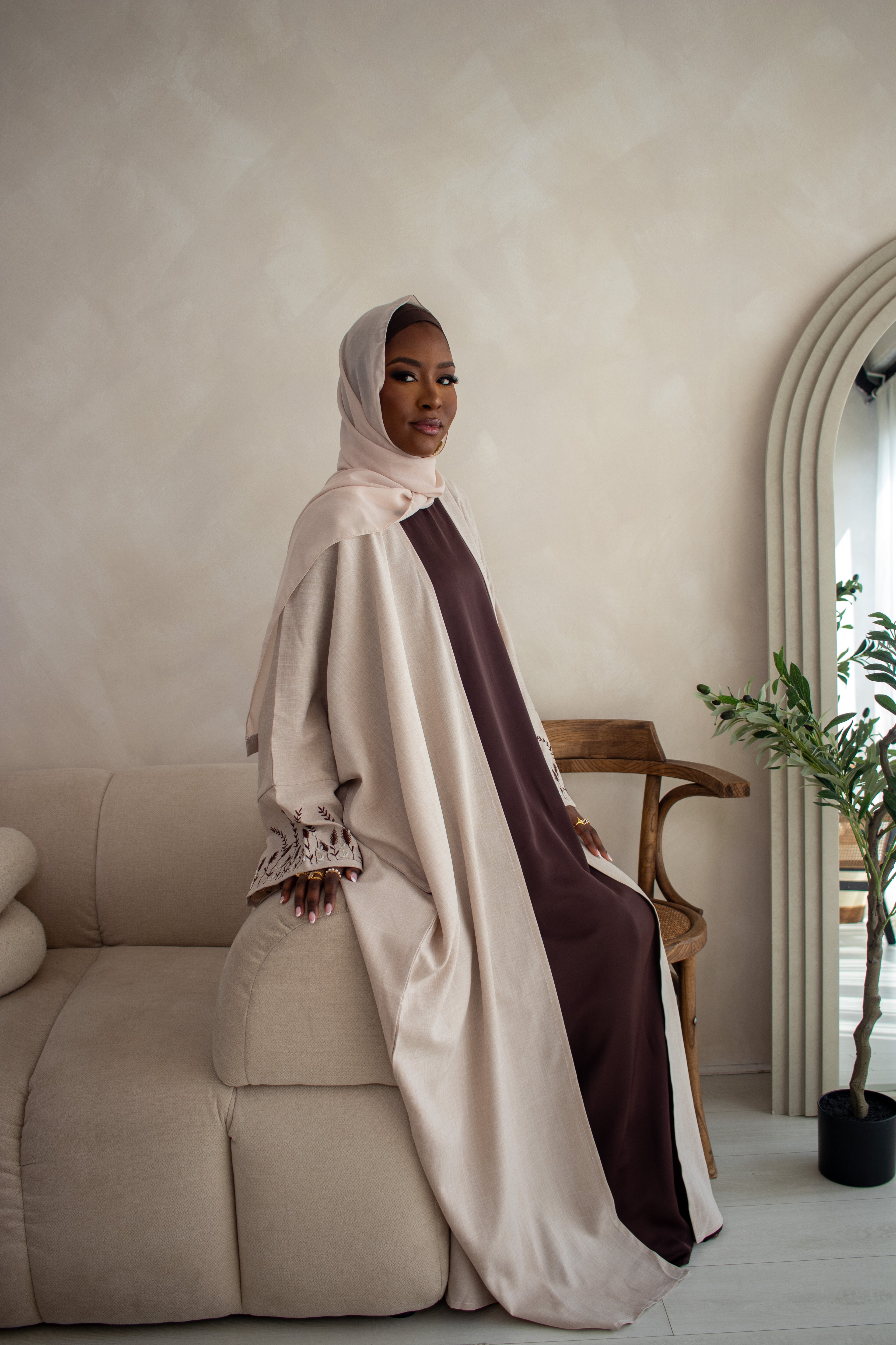 Butterfly Open Abaya Linen DESIGN Embroidery and Embellishments on Sleeves with Hijab