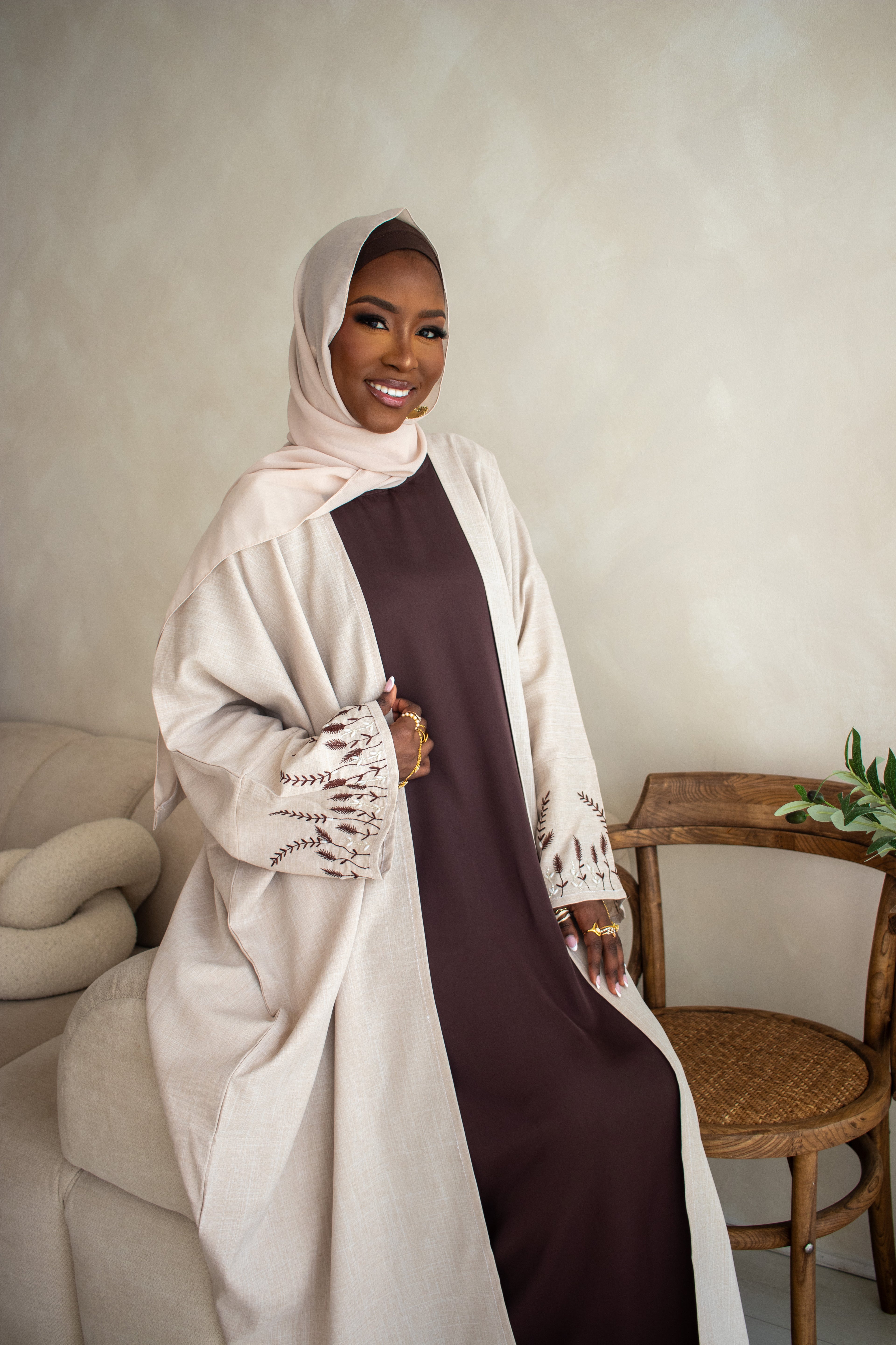 Butterfly Open Abaya Linen DESIGN Embroidery and Embellishments on Sleeves with Hijab