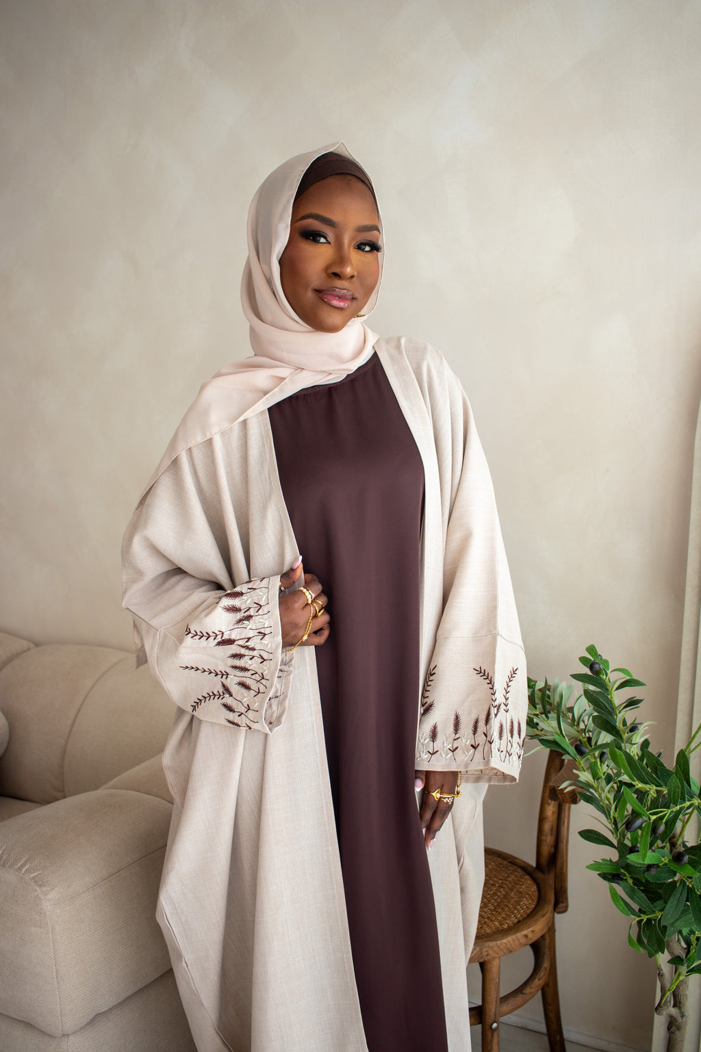 Butterfly Open Abaya Linen DESIGN Embroidery and Embellishments on Sleeves with Hijab