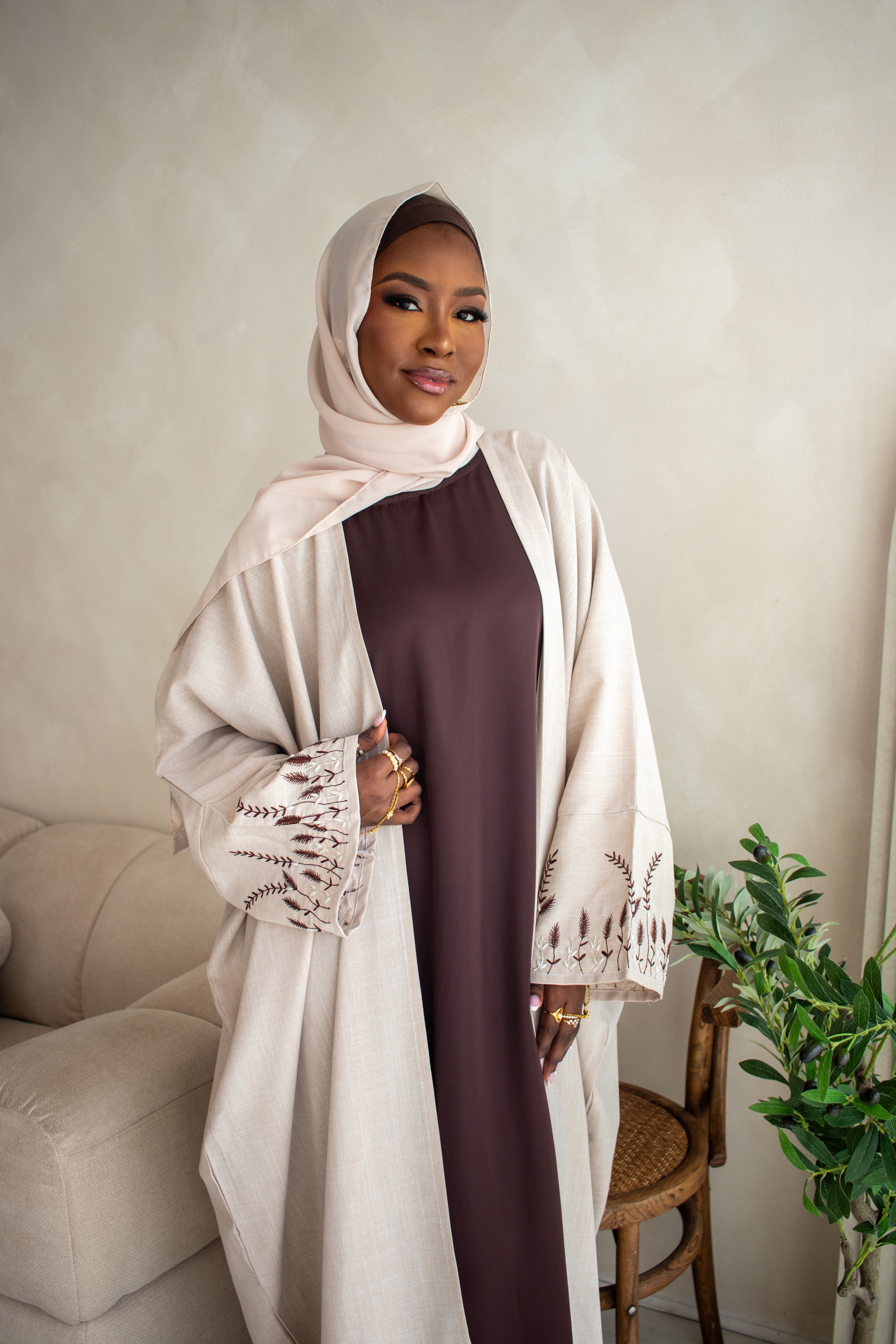 Butterfly Open Abaya Linen DESIGN Embroidery and Embellishments on Sleeves with Hijab