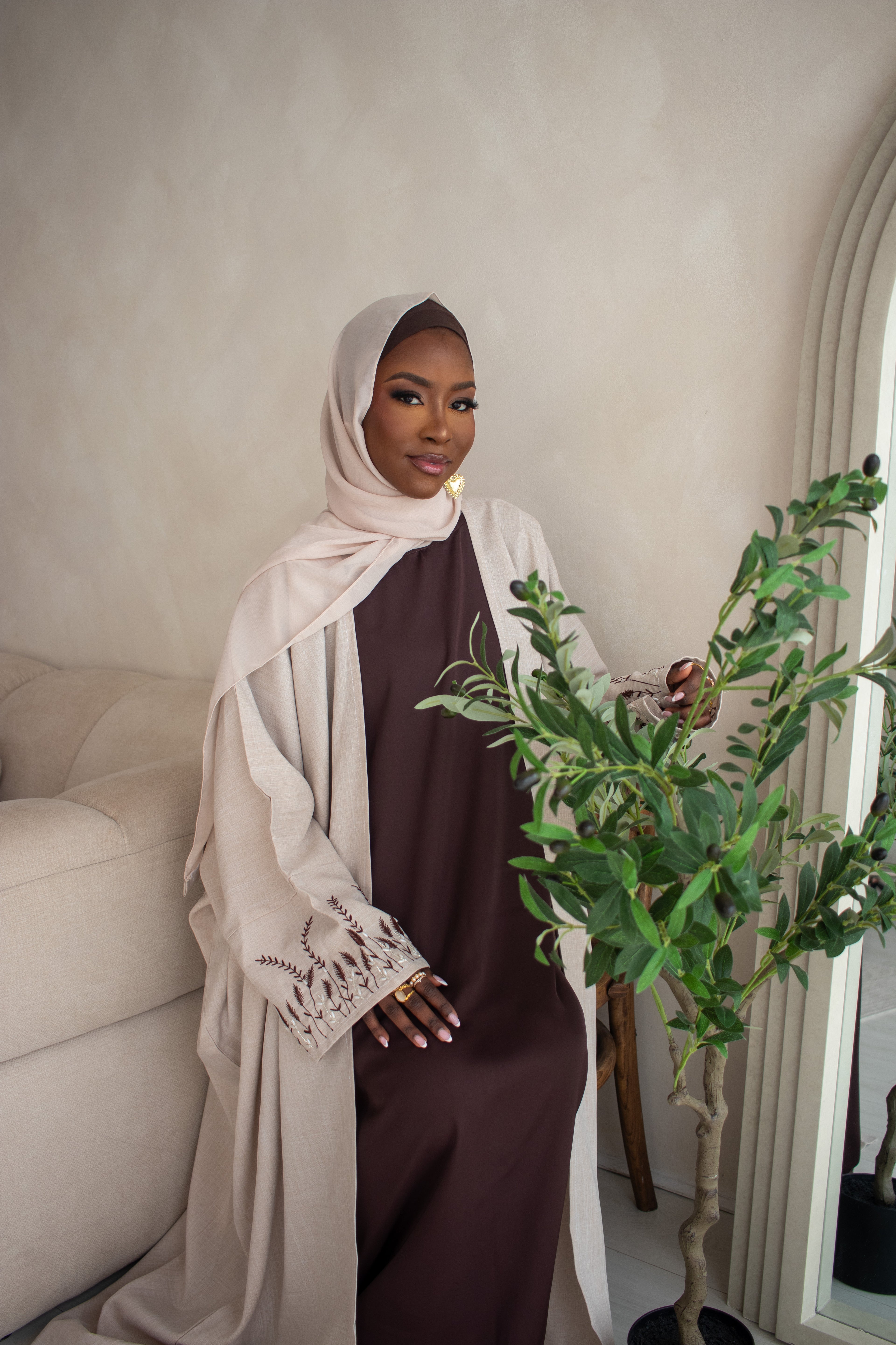 Butterfly Open Abaya Linen DESIGN Embroidery and Embellishments on Sleeves with Hijab